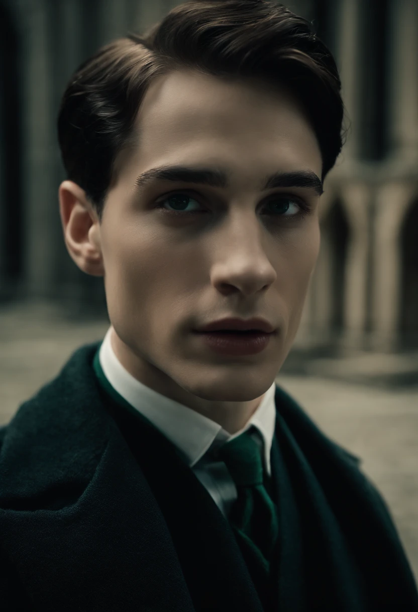 Crie uma imagem de Tom Riddle dos filmes de harry potter com uma garota loira como se fossem um casal, com os dois sendo da sonserina