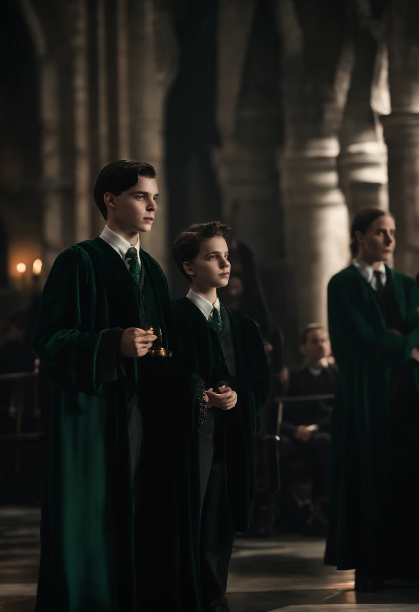 Crie uma imagem de Tom Riddle dos filmes de harry potter com uma garota loira como se fossem um casal, com os dois sendo da sonserina