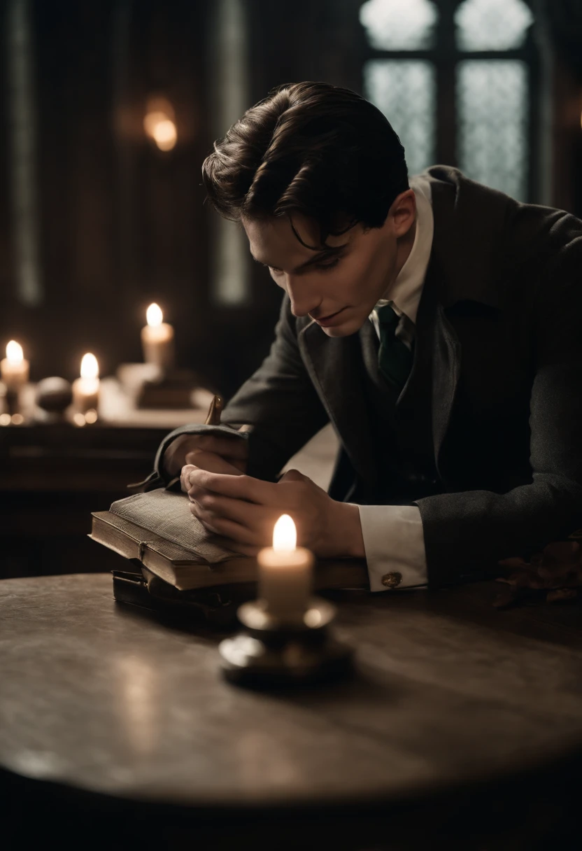 Crie uma imagem de Tom Riddle dos filmes de harry potter com uma garota loira como se fossem um casal, com os dois sendo da sonserina