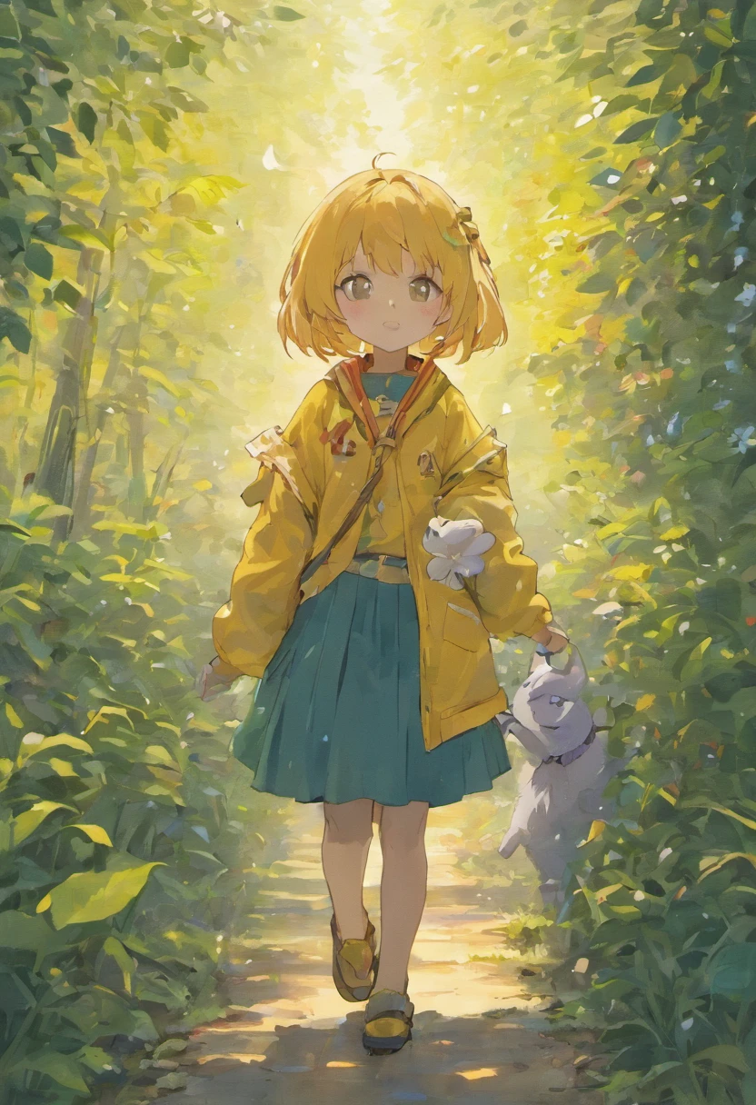 Ponta: Uma garotinha muito charmosa com uma mochila e seu cachorrinho bonito desfrutando de um lindo passeio de primavera cercado por belas flores amarelas e natureza. The illustration is a high definition illustration in 4K resolution, with highly-detailed facial features and cartoon-style visuals.