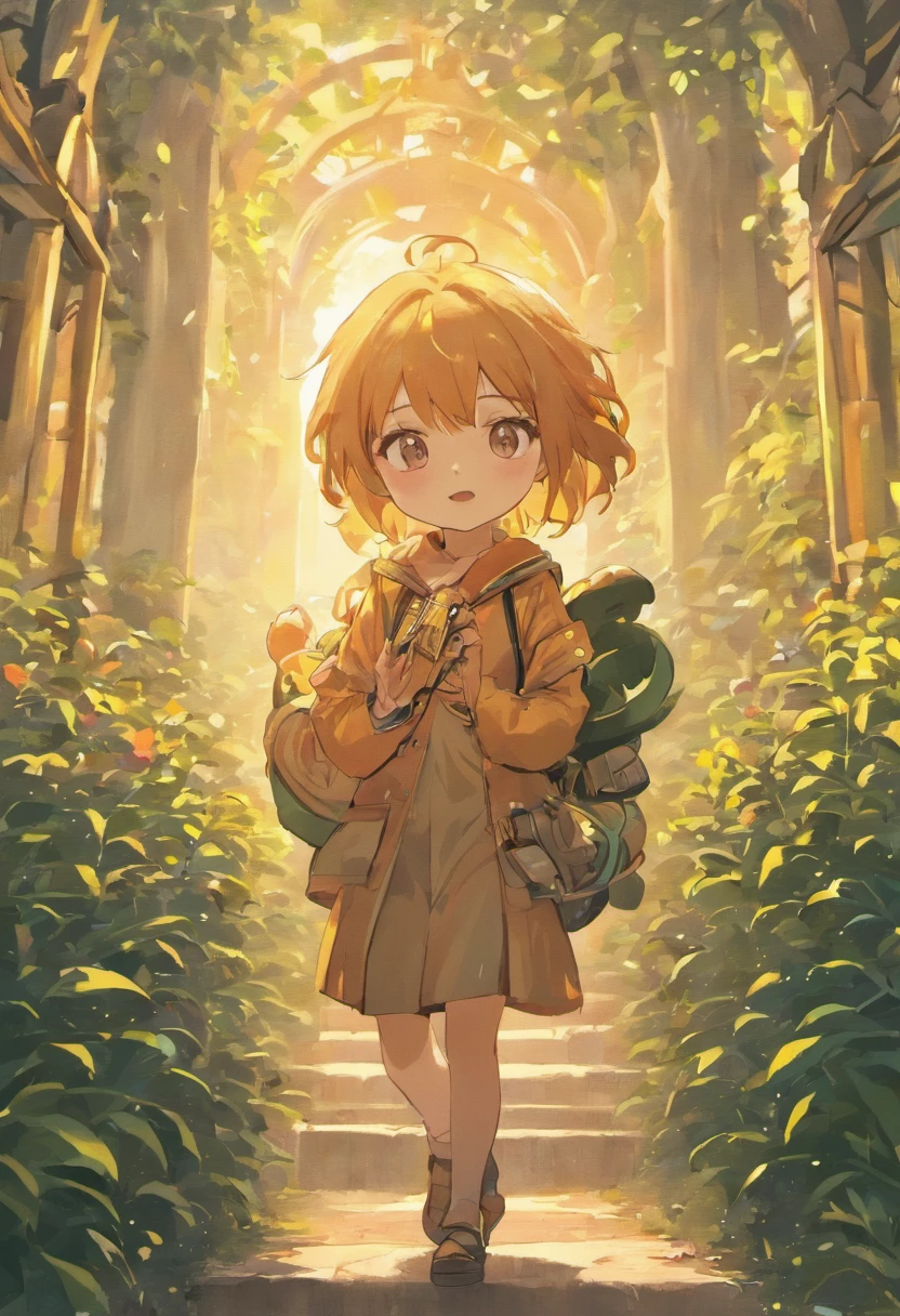 Ponta: Uma garotinha muito charmosa com uma mochila e seu cachorrinho bonito desfrutando de um lindo passeio de primavera cercado por belas flores amarelas e natureza. The illustration is a high definition illustration in 4K resolution, with highly-detailed facial features and cartoon-style visuals.