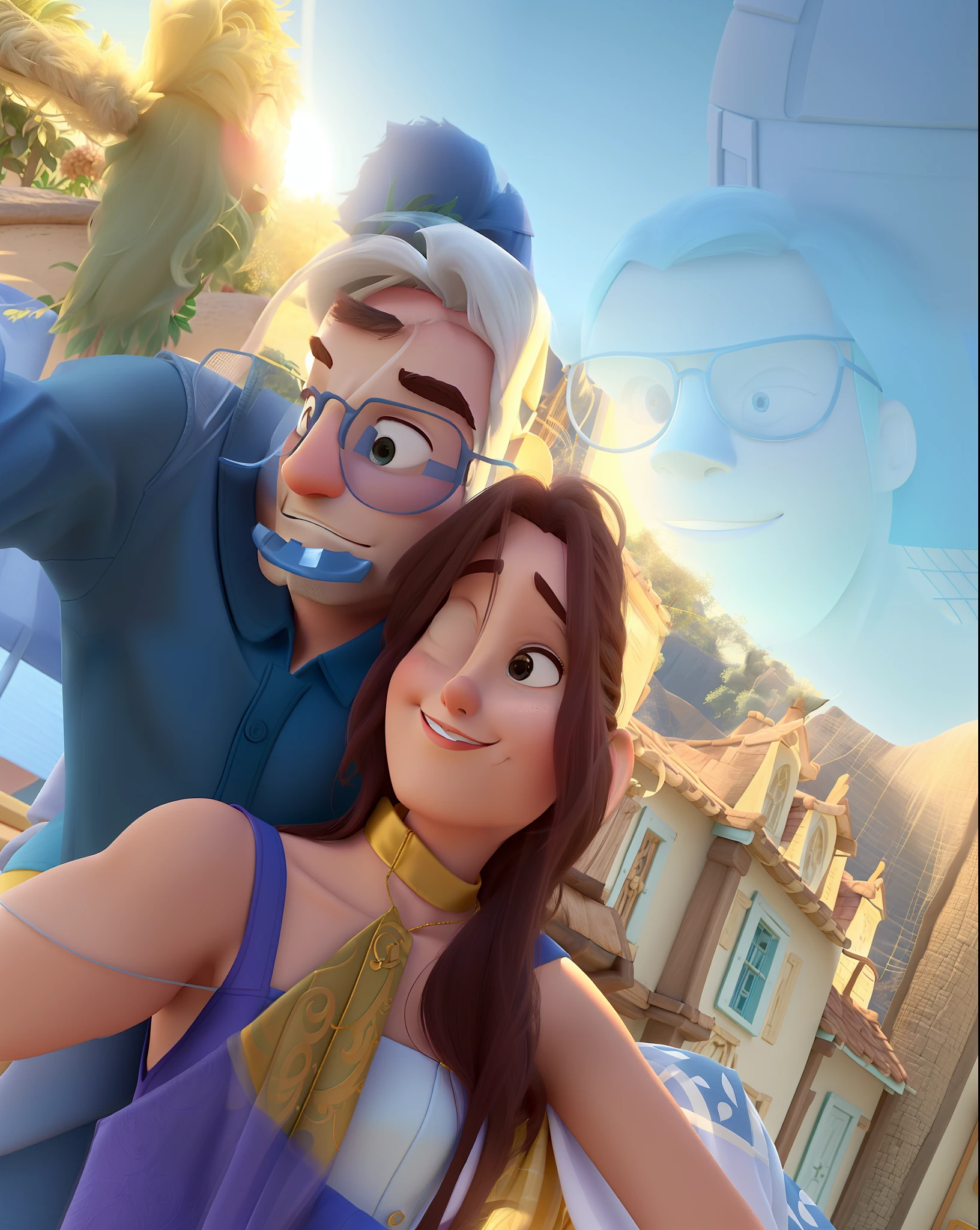 Casal (homem branco e mulher branca) no estilo Disney Pixar, alta qualidade, melhor qualidade.