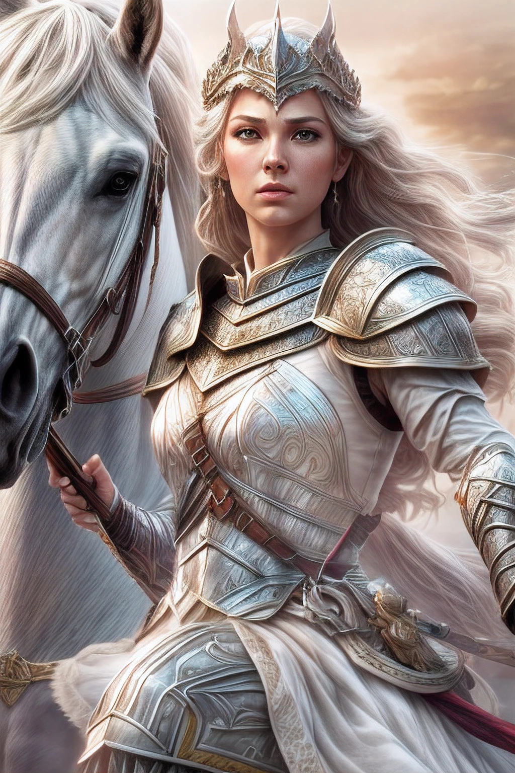 (fantasy movie poster: 1.5) named The White Knight,(movie poster: 1.5), RPG art, a beautiful  (woman: 1.3), white knight ridong a white horse, armed with a sword, wearing heavy armor LnF, Ultra-Wide Angle, high detail, award winning, best quality, HD, 16K, rendering, high details, best quality, highres, ultra wide angle, 3D rendering, [[anatomically correct]]