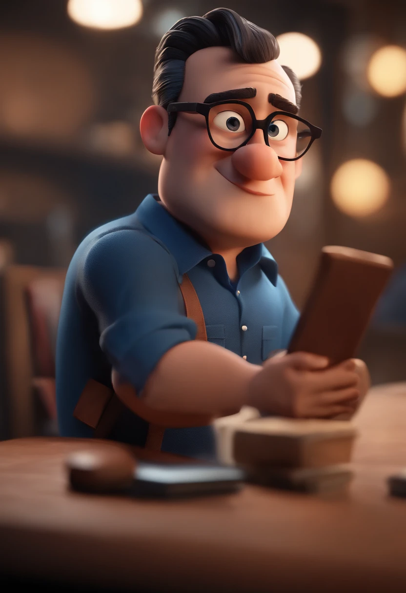 Cartoon character of a man with black glasses and a blue shirt, animation character, Caractere estilizado, animation style rendering, 3D estilizado, Arnold Maya render, 3 d render stylized, toon render keyshot, Personagem 3D, Personagem 3D, 3d rendering stylized, 3 d character render, personagem de desenho animado, Personagem de close up, Pose de personagem,  (Estilo Pixar) (master part:1.2) (Bokeh) (best quality) (pele detalhada) (textura detalhada) (8k) (argila) (Cinematic lighting) (foco nítido