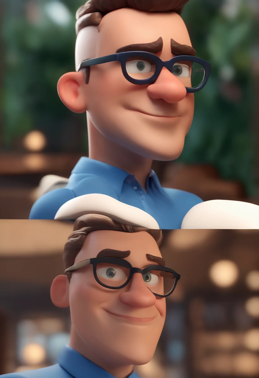 Cartoon character of a man wearing black glasses and a blue shirt, um personagem animado, Caractere estilizado, animation style rendering, 3D estilizado, Arnold Maya render, 3 d render stylized, toon render keyshot, Personagem 3D, Personagem 3D, 3d rendering stylized, 3 d character render, personagem de desenho animado, Personagem de close up, Pose de personagem, (Estilo Pixar) (master part:1.2) (Bokeh) (best quality) (pele detalhada) (textura detalhada) (8k) (argila) (Cinematic lighting) (foco nítido,Senta e vaza a parte superior do corpo