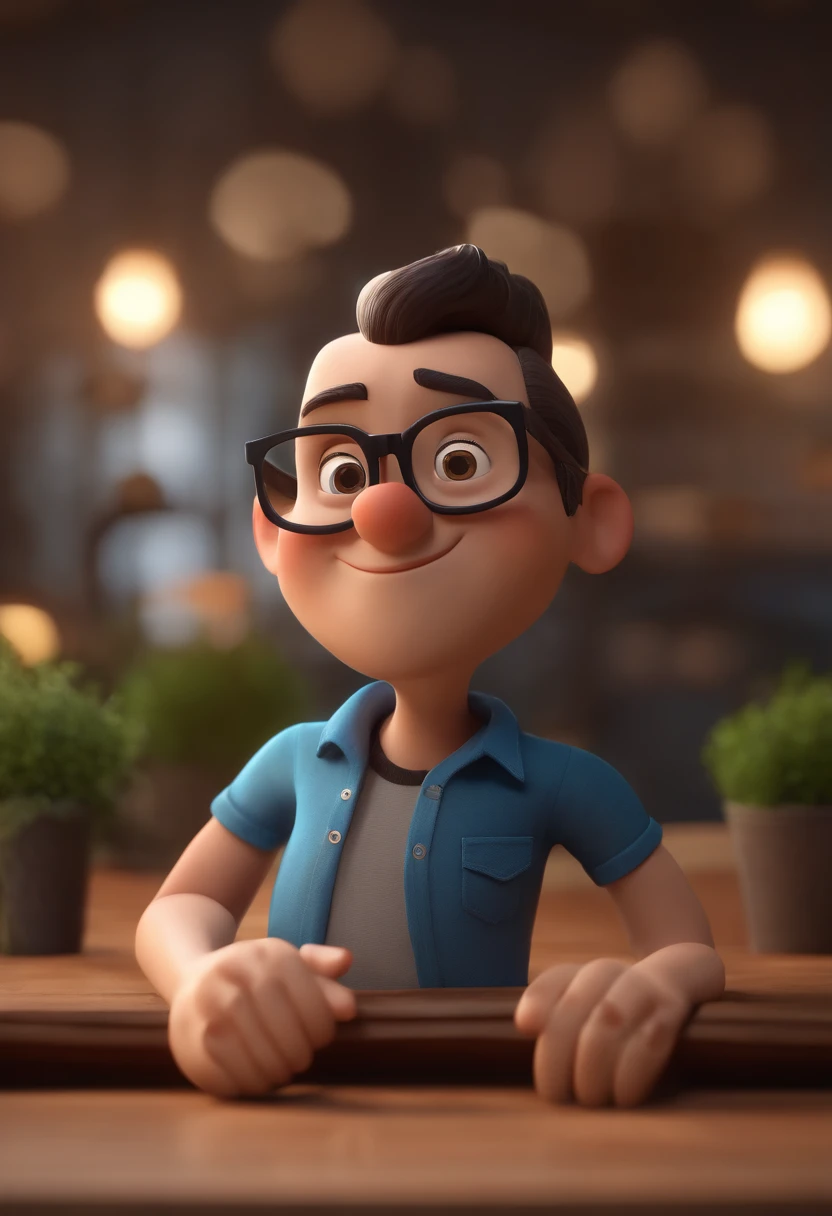 Cartoon character of a man wearing black glasses and a blue shirt, um personagem animado, Caractere estilizado, animation style rendering, 3D estilizado, Arnold Maya render, 3 d render stylized, toon render keyshot, Personagem 3D, Personagem 3D, 3d rendering stylized, 3 d character render, personagem de desenho animado, Personagem de close up, Pose de personagem, (Estilo Pixar) (master part:1.2) (Bokeh) (best quality) (pele detalhada) (textura detalhada) (8k) (argila) (Cinematic lighting) (foco nítido,Senta e vaza a parte superior do corpo