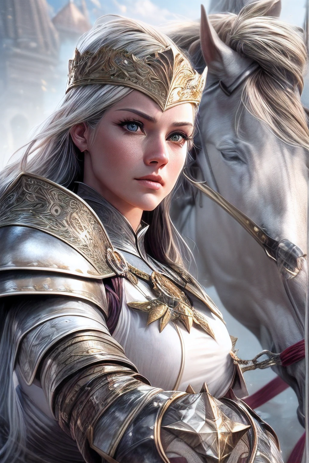 (fantasy movie poster: 1.5) named The White Knight,(movie poster: 1.5), RPG art, a beautiful  (woman: 1.3), white knight ridong a white horse, armed with a sword, wearing heavy armor LnF, Ultra-Wide Angle, high detail, award winning, best quality, HD, 16K, rendering, high details, best quality, highres, ultra wide angle, 3D rendering, [[anatomically correct]]