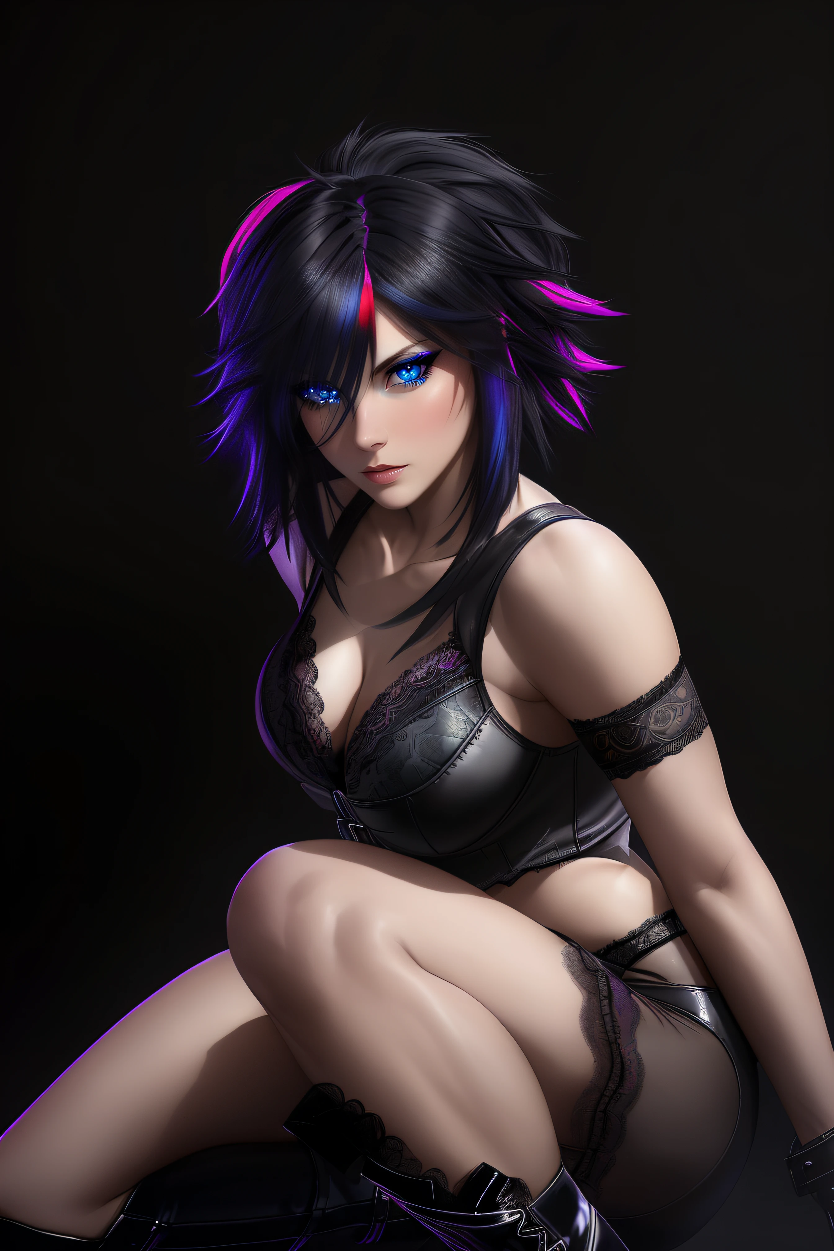 25-Year-Old Woman, short bright neon streaked black hair, (seductive pose:1.2), black eyeshadow, (lace underwear:1.4), (high heel leather boots), (dark city night black background:1.4), Serious Face, Realistic Face Resolution, Realistic, Object Resolution