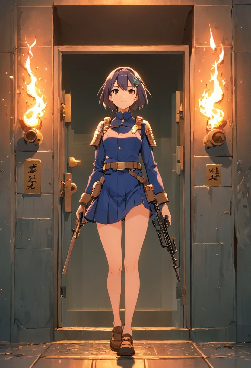 Um Policial com o rosto super detalhado de caveira sinistra, com os olhos super detalhados e sinistros, com um sorriso super detalhado e sinistro，With two daggers in his hands，Special Forces style, estilo assassino, Com um rifre de assalt fusil nas costas, Facing a super detailed penitentiary and catching fire, sinister and burning penitentiary, Penitentiary door similar to hell's gate, Credo dos Assassinos. Make sure there is no noise and that the lines are thick and sharp like contour art, (((pose interagindo e se apoiando [em uma objeto|em algo no ambiente]))), foco em um quadro vertical da imagem."((corpo inteiro):1.5). 16k, UHD, best possible quality, ((best possible detail):1), best possible resolution, Motor Unreal 5, fotografia profissional, perfeito_Hands, (perfeito:1.2)