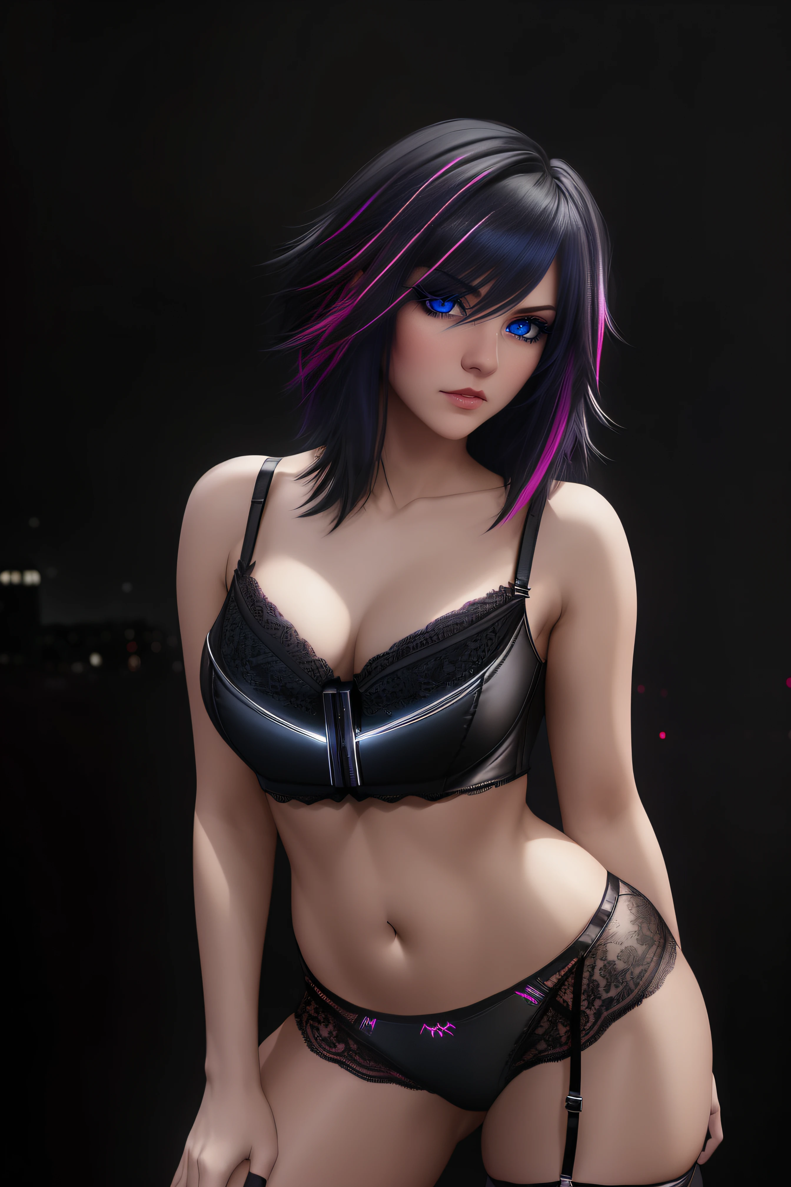 25-Year-Old Woman, short bright neon streaked black hair, (seductive pose:1.2), black eyeshadow, (lace underwear:1.4), (high heel leather boots), (dark city night black background:1.4), Serious Face, Realistic Face Resolution, Realistic, Object Resolution