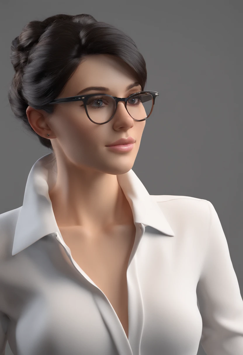 Brunette with glasses and white shirt with black hair up