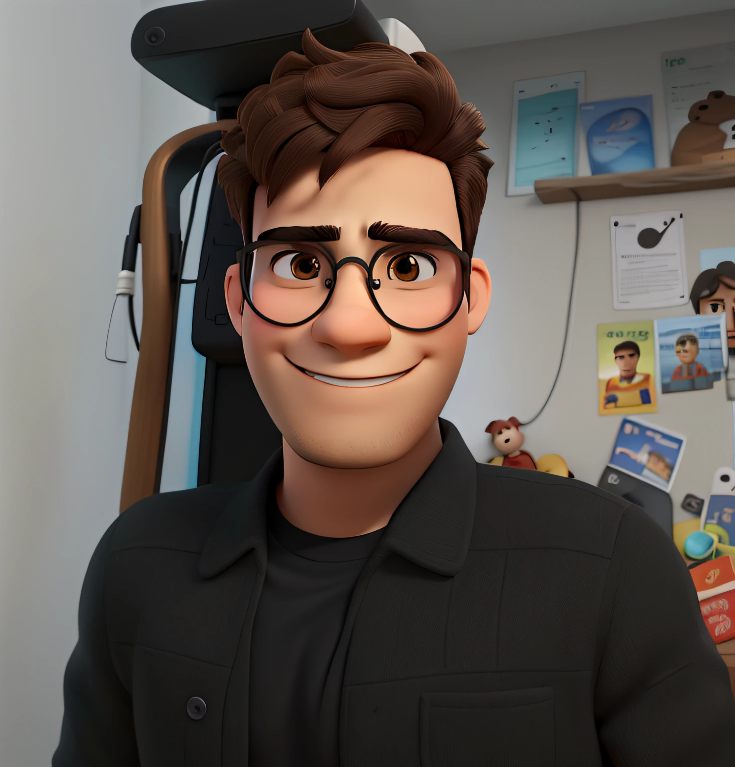 um homem jovem estilo disney pixar, with round glasses, eyes brown, no smile, alta qualidade, melhor qualidade