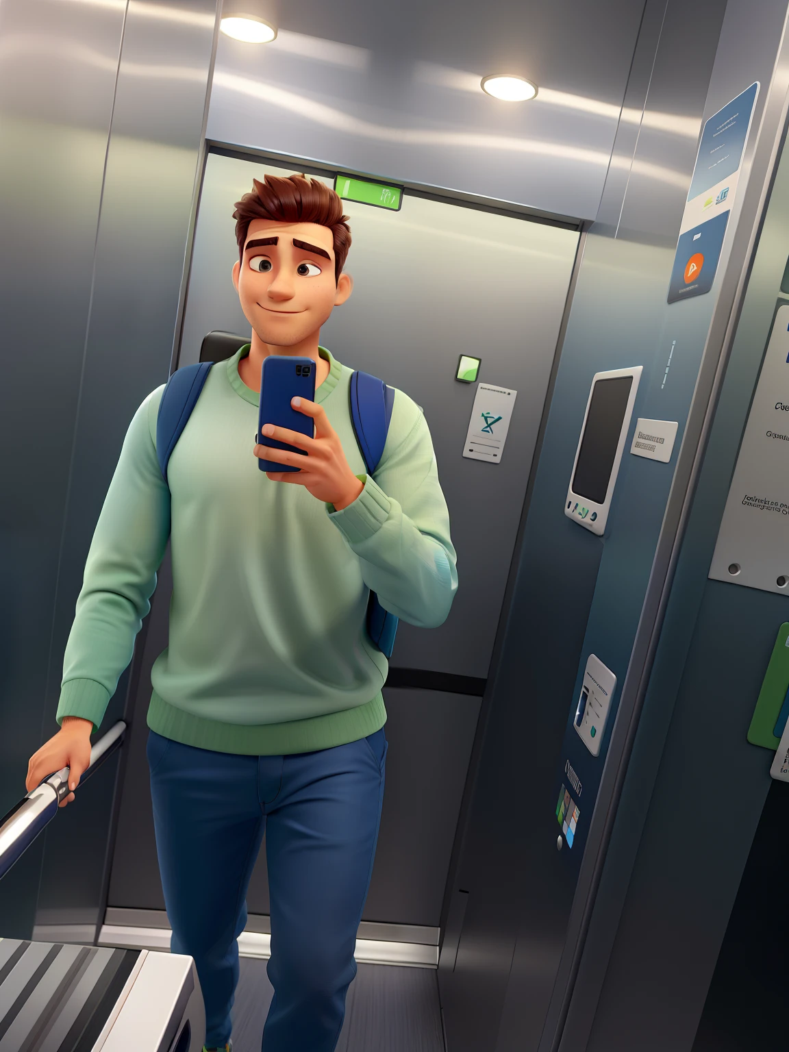 Homem dentro de um elevador, de blusa verde, blue pants, Holding a cell phone in one hand, de cabelo preto e apoiado em uma mala de viagens cinza