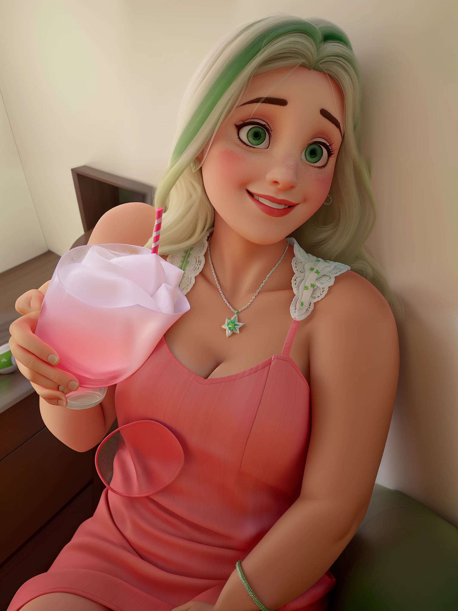 uma mulher branco de 50 anos, loira, dos olhos verdes, boca delicada, vestido vermelho, segurando um drink