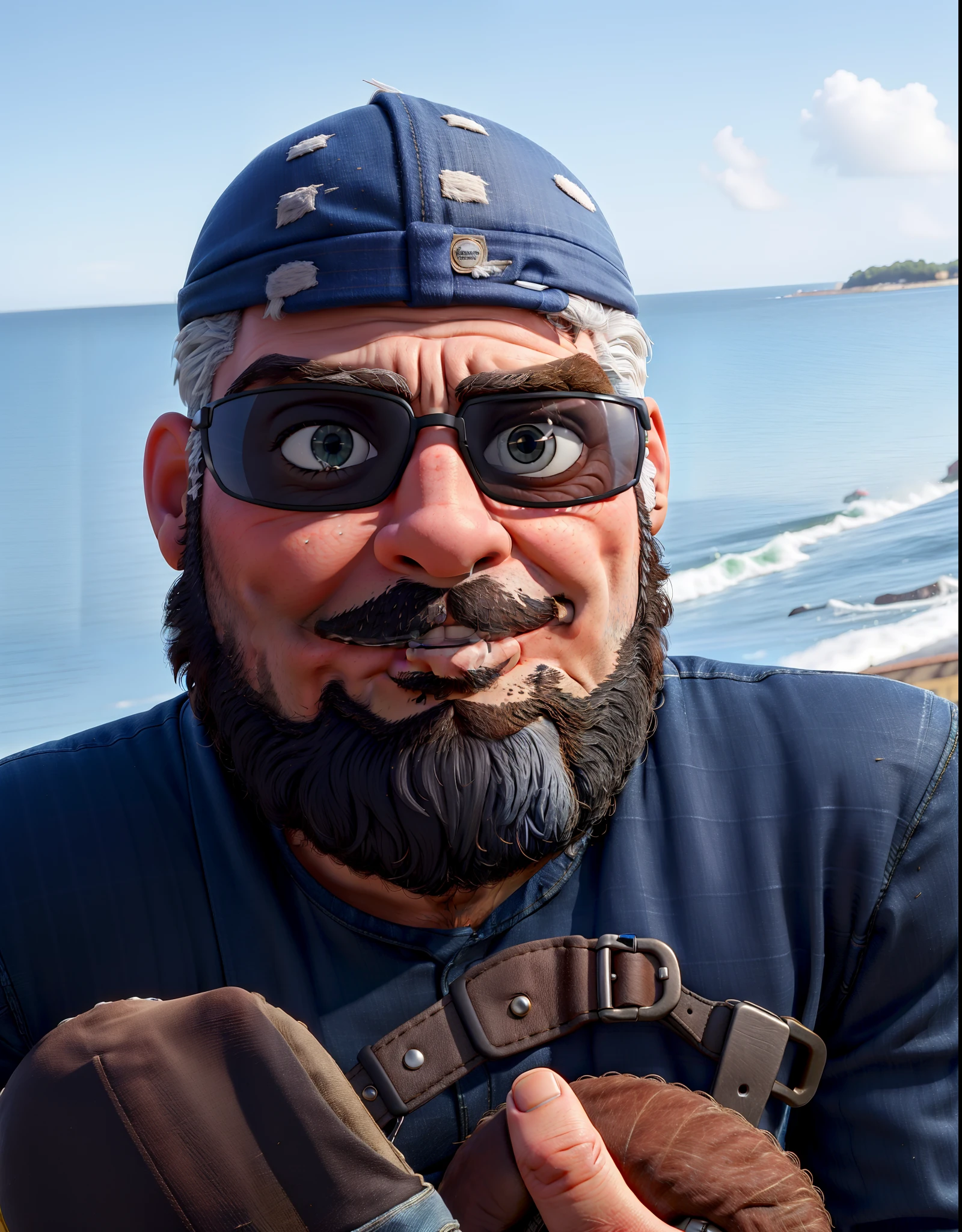 master part, best quality, um velho com barba branca e longos cabelos castanhos, vestindo uma jaqueta de couro e jeans preto, ao lado de sua motocicleta