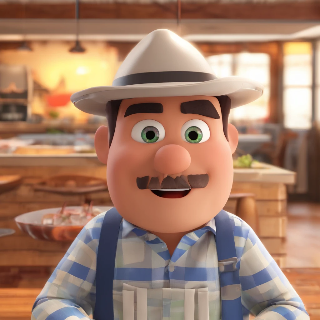 Criar um personagem no estilo Pixar. Trata-se de um homem de 30 anos, com barba, Branco, com cabelos castanhos curtos e um quiff, e olhos castanhos. Ele deve estar fazendo um churrasco na mesa como o Yakiniku