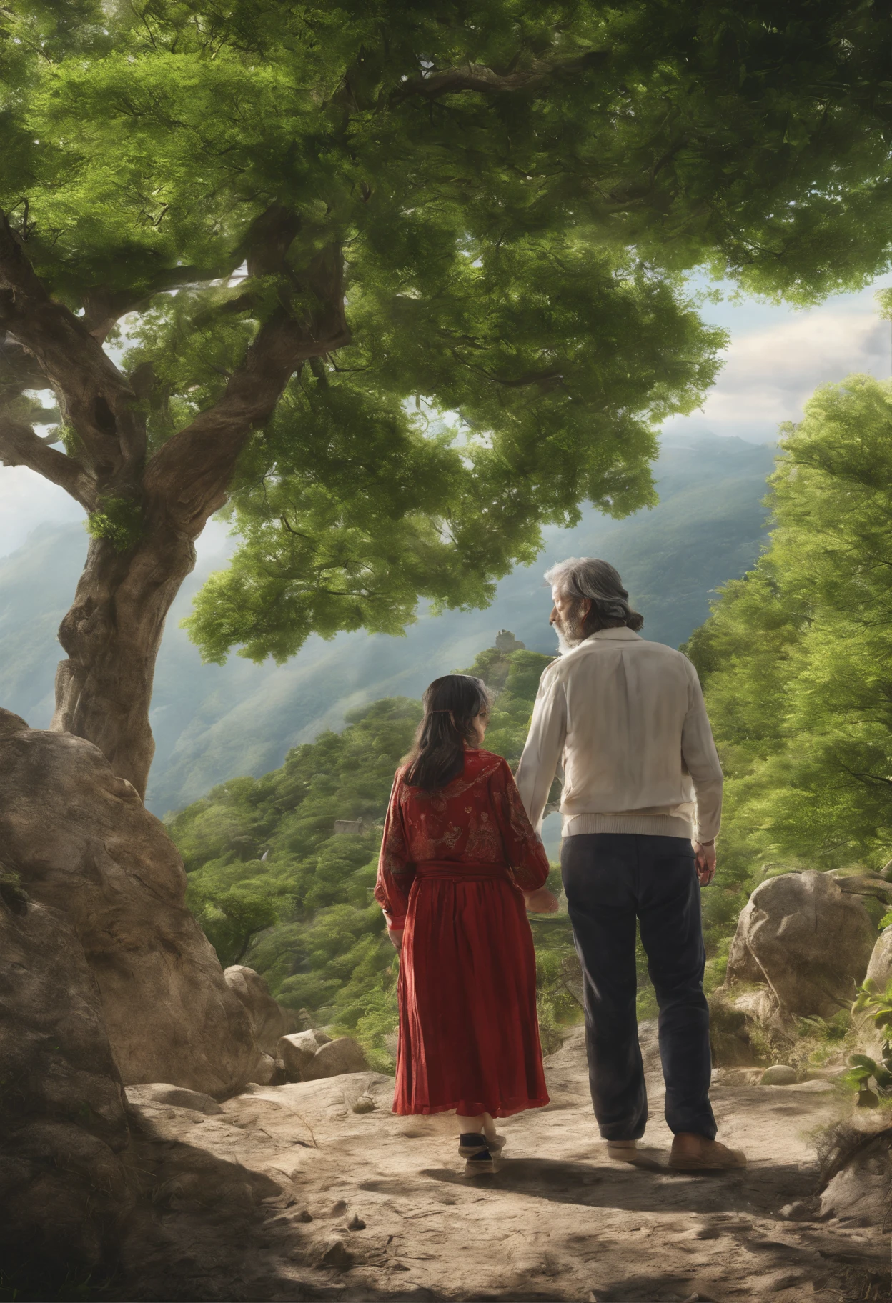um alto, Long-haired spanish man and a medium-sized man, Long haired Japanese woman between 45 and 55 years old walking calmly hand in hand on top of a mountain with large, green trees, Cercado por nuvens brancas. In front of you the sun rising between the highest mountains.