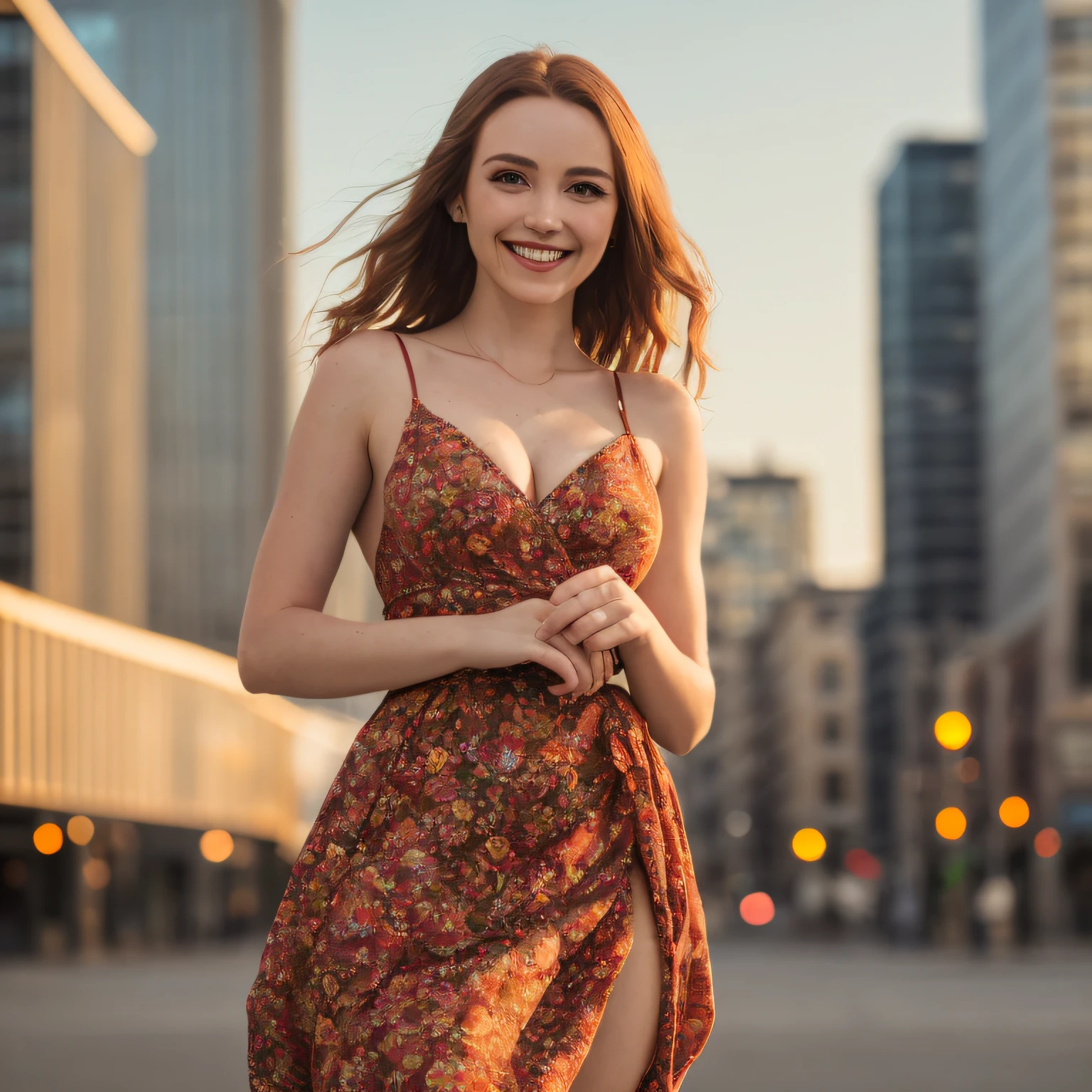 masterpiece, best quality, highres, (photorealistic:1.4), (depth of field:1.8), beautiful 22yo woman, thigh gap,
1 girl, ginger hair, long hair, pale skin, german, smileing,feminine physique,(solo:1.1), nice sexy blue dress, hard nipple, bare shoulder, cleavage, elbow gloves, (looking at viewer:1.2), (smile:1.2), (full body:1.), (in the city:1.5), large breast,
(8k, cinematic composition, photorealistic, sharp focus), elaborate background, cinematic, rule of thirds, sunset, orinage light