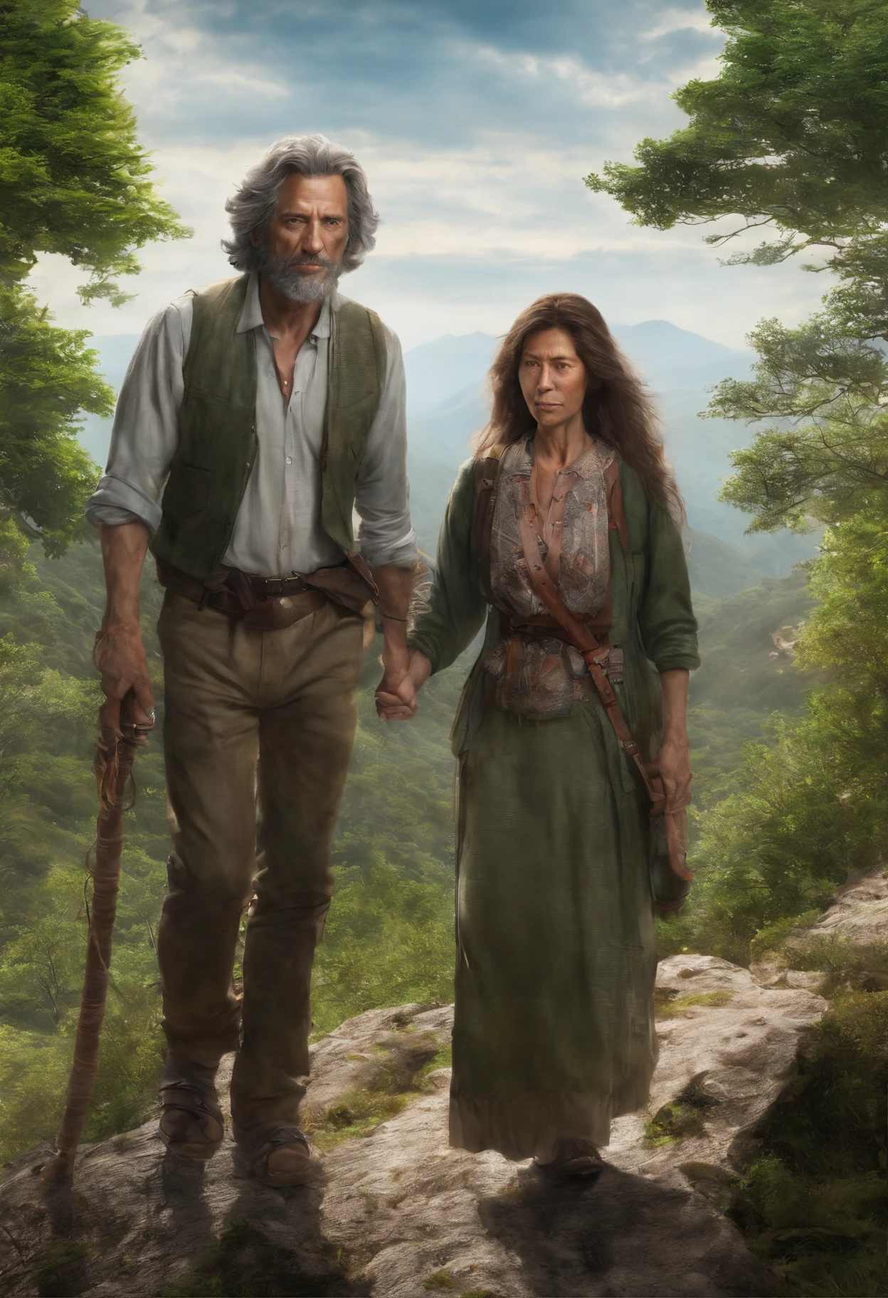 um alto, Long-haired spanish man and a medium-sized man, Long haired Japanese woman between 45 and 55 years old walking calmly hand in hand on top of a mountain with large, green trees, Cercado por nuvens brancas. In front of you the sun rising between the highest mountains.