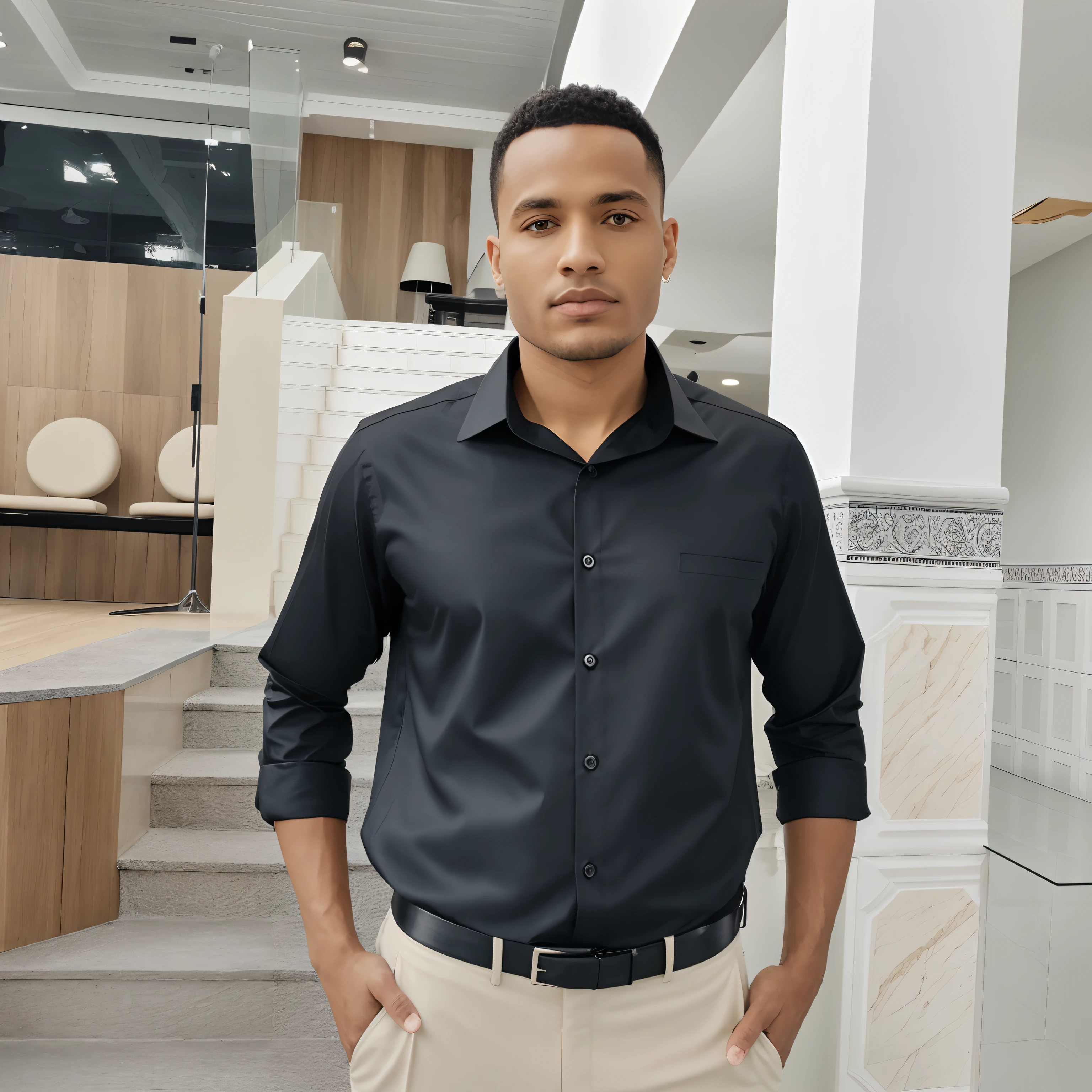 Man Standing Black Dress Shirt , cream tailored trousers