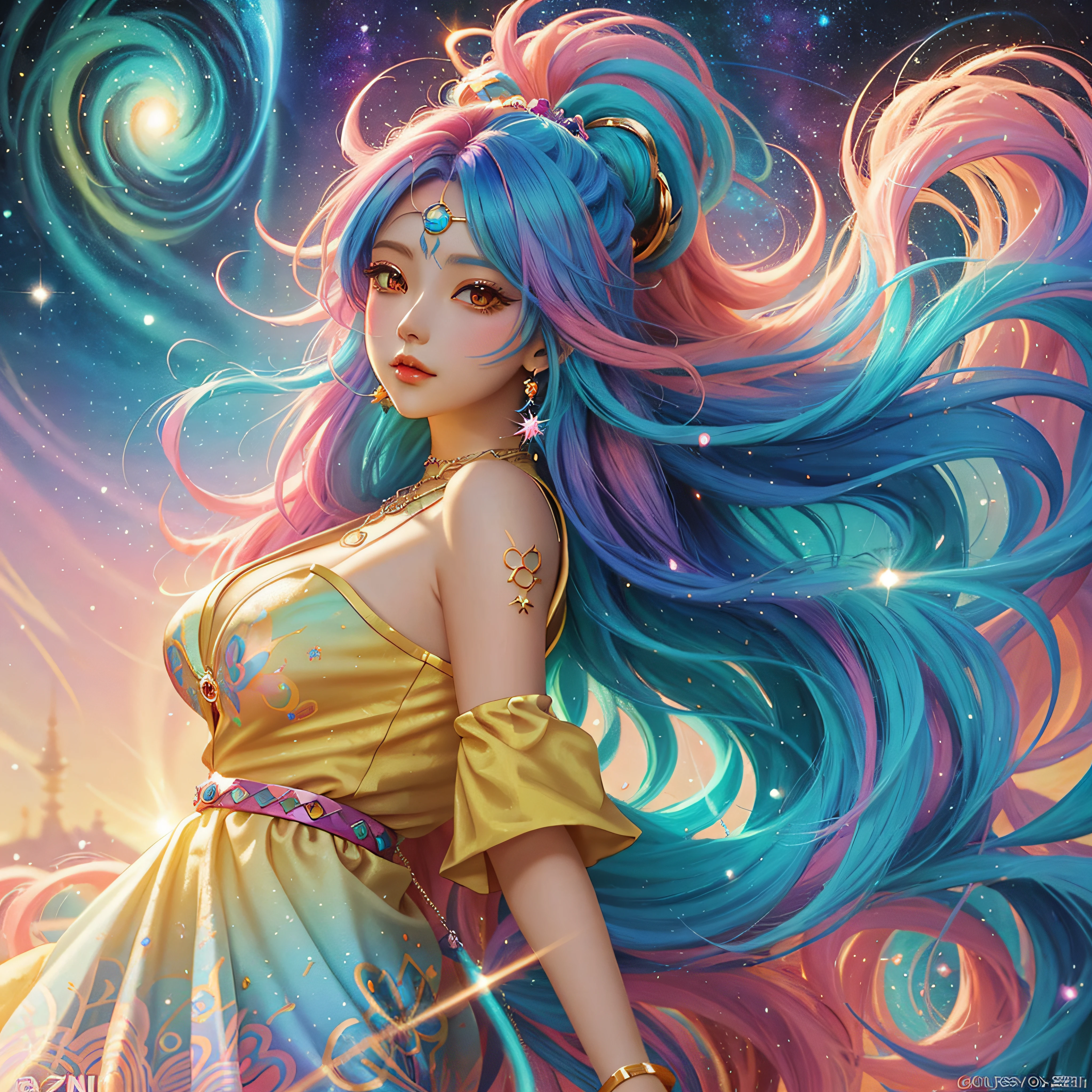 Close-up of a woman with colorful hair and necklace, anime girl with cosmic hair, The soft vibrancy of Ross Dress, Gviz-inspired artwork, Fantasy Art Style, Colorful]", vibrant fantasy style, rossdraws cartoon vibrant, Colorful, guweiz, colorfull digital fantasy art, stunning art style, beautiful anime style, Glowing hair、huge udder