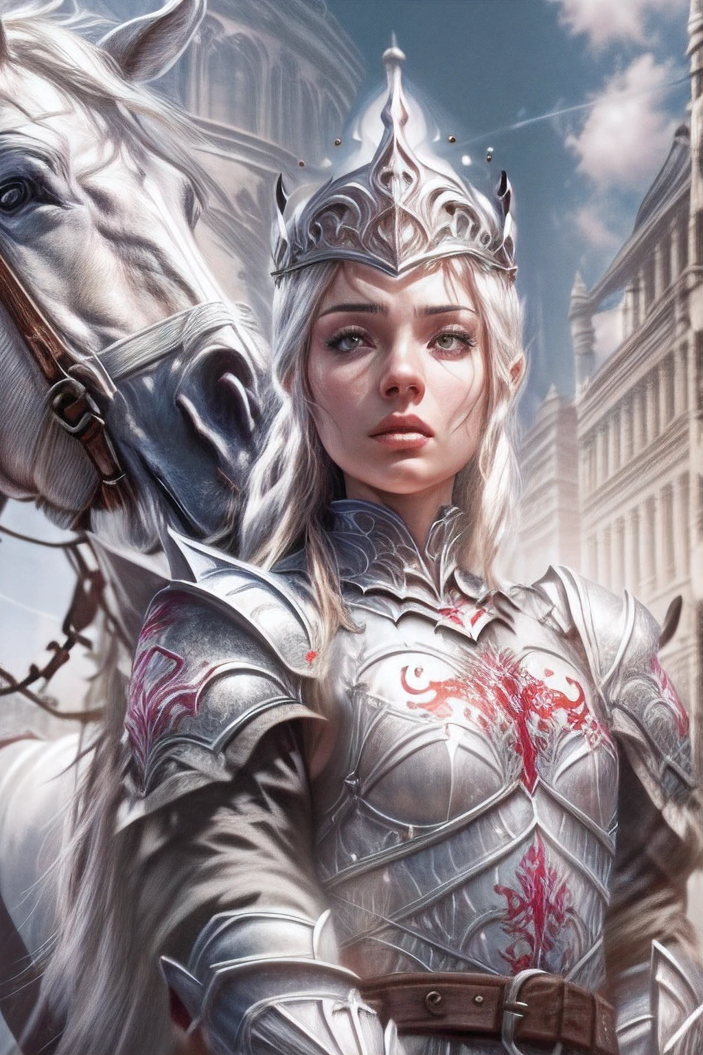 (fantasy movie poster: 1.5) named The White Knight,(movie poster: 1.5) the poster of a beautiful  (woman: 1.3), white knight ridong a white horse, armed with a sword, wearing heavy armor LnF, Ultra-Wide Angle, high detail, award winning, best quality, HD, 16K, rendering, high details, best quality, highres, ultra wide angle, 3D rendering, [[anatomically correct]]