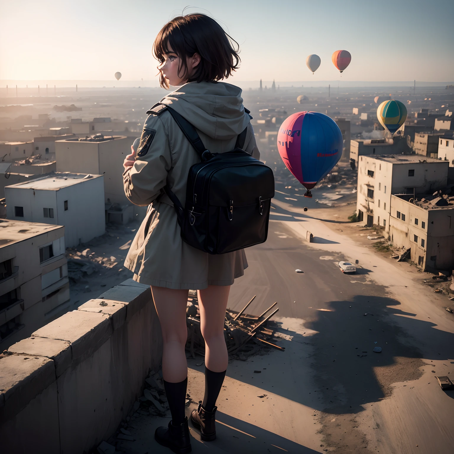"Ein kleines kind mit einem Luftballon in der Hand, Standing in the middle of the Destroyer City, Blick auf den Betrachter, Tear. Im Hintergrund kriegsflugzeug