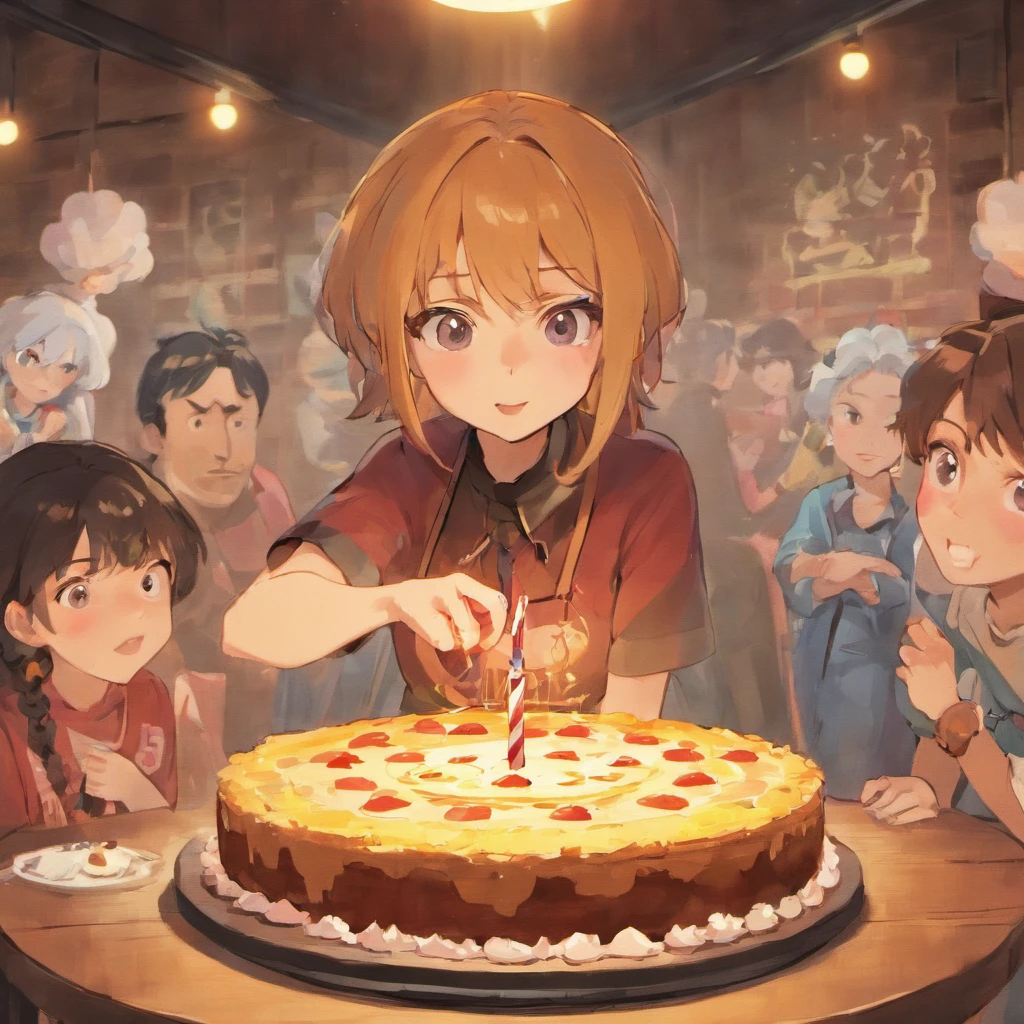 There is a group of people standing behind a table with a cake, celebrating birthday, A young Caucasian man, 2 slightly brunette Caucasian children, A couple of Caucasian grandparents, Happy family, Em casa.
, ::style pixar cartoon