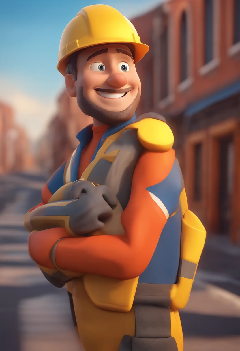 personagem dos desenhos animados de um homem branco sem barba, rosto fino, Red uniform and yellow helmet in a harbor with blue cranes animation character, Caractere estilizado, animation style rendering, 3D estilizado, Arnold Maya render, 3 d render stylized, toon render keyshot, Personagem 3D, Personagem 3D, 3d rendering stylized, 3 d character render, personagem de desenho animado, Personagem de close up, Pose de personagem, (Estilo Pixar) (master part:1.2) (Bokeh) (best quality) (pele detalhada) (textura detalhada) (8k) (argila) (Cinematic lighting) (foco nítido