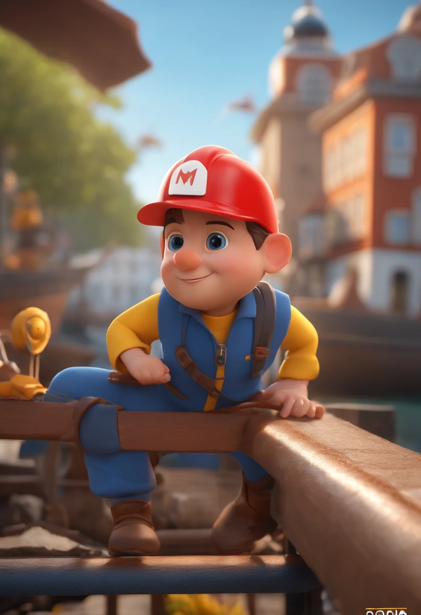 personagem dos desenhos animados de um homem branco sem barba, rosto fino, Red uniform and yellow helmet in a harbor with blue cranes animation character, Caractere estilizado, animation style rendering, 3D estilizado, Arnold Maya render, 3 d render stylized, toon render keyshot, Personagem 3D, Personagem 3D, 3d rendering stylized, 3 d character render, personagem de desenho animado, Personagem de close up, Pose de personagem, (Estilo Pixar) (master part:1.2) (Bokeh) (best quality) (pele detalhada) (textura detalhada) (8k) (argila) (Cinematic lighting) (foco nítido