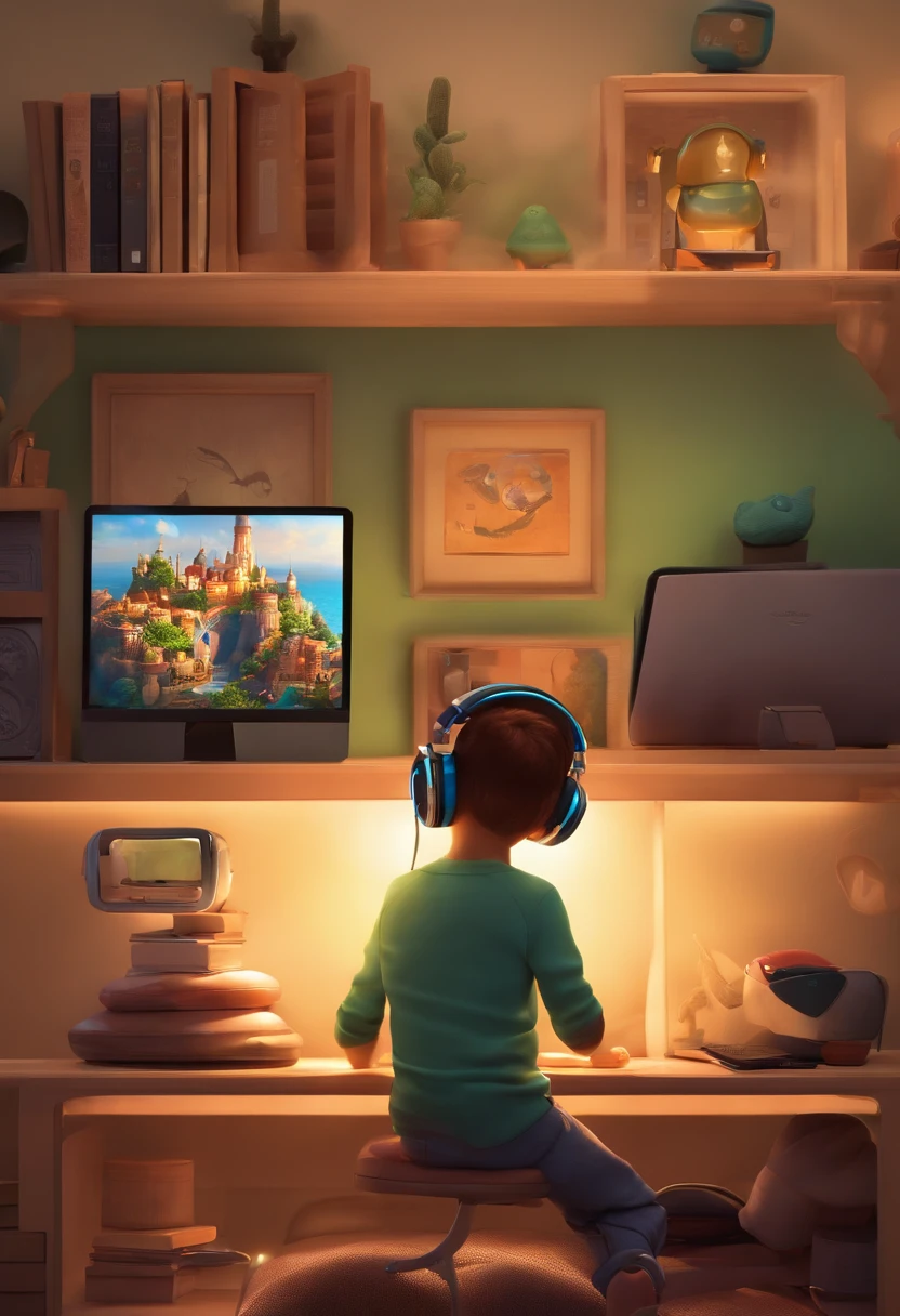 Certainly! Here's a physical description of a 6-year-old boy playing computer games with oversized headphones in a gamer-themed room with RGB LED lights, in the highest Disney Pixar quality:

In a world reminiscent of a Disney Pixar film, we find a 6-year-old boy engrossed in the digital realm. His short hair is the color of golden wheat, and his eyes shimmer with excitement as he interacts with the computer screen. Large headphones, resembling those from a Pixar adventure, rest gently over his ears, adding an element of whimsy to his appearance.

The room around him is a gamer's dream, bathed in a surreal glow from RGB LED lights that traverse the entire spectrum of colors, transforming his surroundings into a captivating wonderland. As he plays, his expressions mirror the emotions on his computer screen, and every movement exudes the enthusiasm of a young explorer embarking on a thrilling Disney Pixar-style adventure