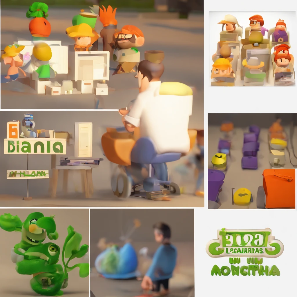 Criar um personagem no estilo Pixar. Trata-se de um homem de 30 anos, com barba, Branco, com cabelos castanhos curtos e um quiff, e olhos castanhos. Ele deve estar na frente de um computador, Trabalhar como designer