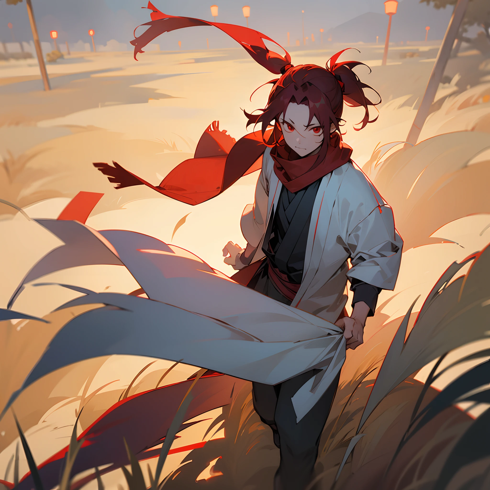 1male, , messy short red ponytail, finely detailed red eyes, loose casual yukata, scarf, walking down path, grassy fields, lanterns, best lighting and shadows