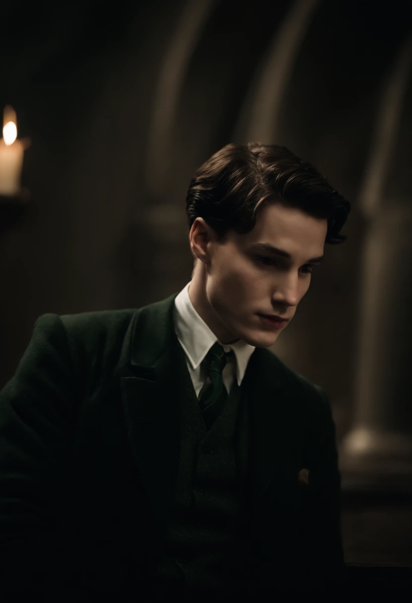 Crie uma imagem de Tom Riddle dos filmes de harry potter tendo um par romantico com uma garota loira
