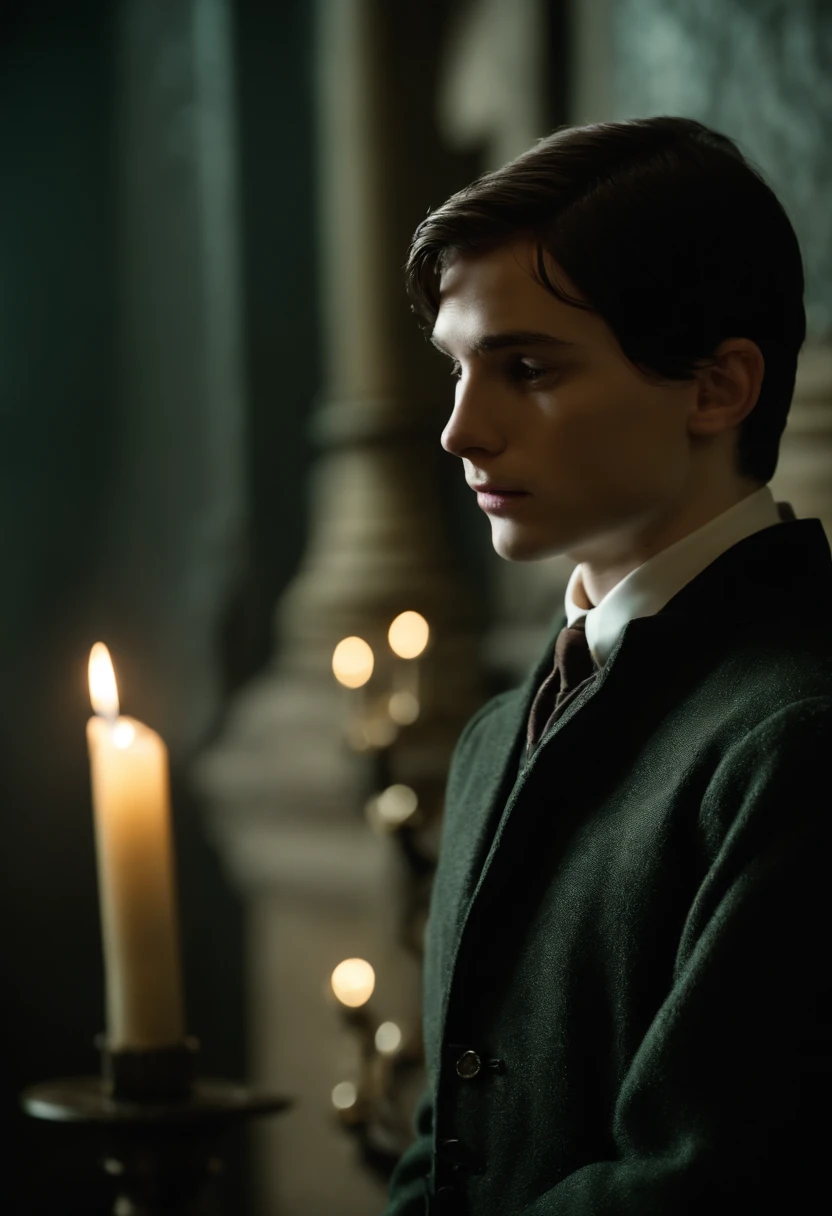 Crie uma imagem de Tom Riddle dos filmes de harry potter tendo um par romantico com uma garota loira