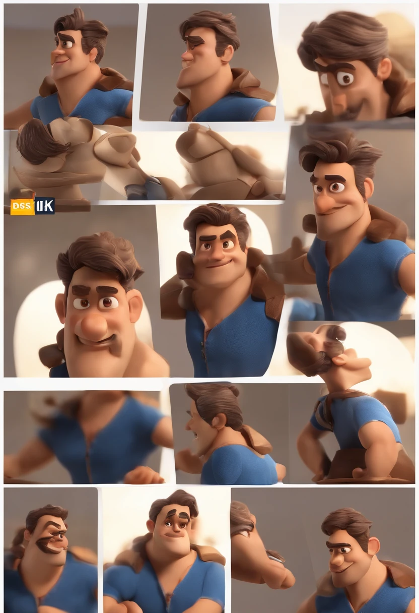 Personagem dos desenhos animados de um homem , cabelo cacheado marrom escuro raspado dos lados e com barba cheia e uma camisa azul, animation character, Caractere estilizado, animation style rendering, 3D estilizado, Arnold Maya render, 3 d render stylized, toon render keyshot, Personagem 3D, Personagem 3D, 3d rendering stylized, 3 d character render, personagem de desenho animado, Personagem de close up, Pose de personagem,  (Estilo Pixar) (master part:1.2) (Bokeh) (best quality) (pele detalhada) (textura detalhada) (8k) (argila) (Cinematic lighting) (foco nítido