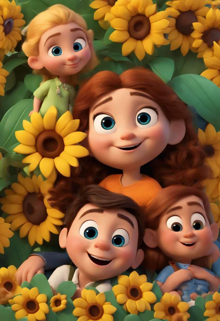 Create a Disney PIXAR-style 3D poster. ((centro da imagem, Triplets)), ((3 children)) ((1 menino no meio e 2 meninas ao lado, They're hugging each other, O menino tem pele castanha e cabelos castanhos escuros e olhos castanhos escuros, 1 menina tem pele clara, olhos e cabelos escuros e cacheados, e a outra menina tem pele morena, olhos escuros e cabelos escuros e lisos)) ((tudo isso no estilo Disney PIXAR 3D, In the background, A house of sunflowers, Gloria Studio, The garden is full of nature 3D render RTX clay material, estilo de design cartunesco, POP Mart, soft lighting, linhas suaves, Spring tilt, Detailed illustrations of PIXAR 3D, Detalhes hiper-realistas, cor quente no estilo Disney PIXAR 3D))