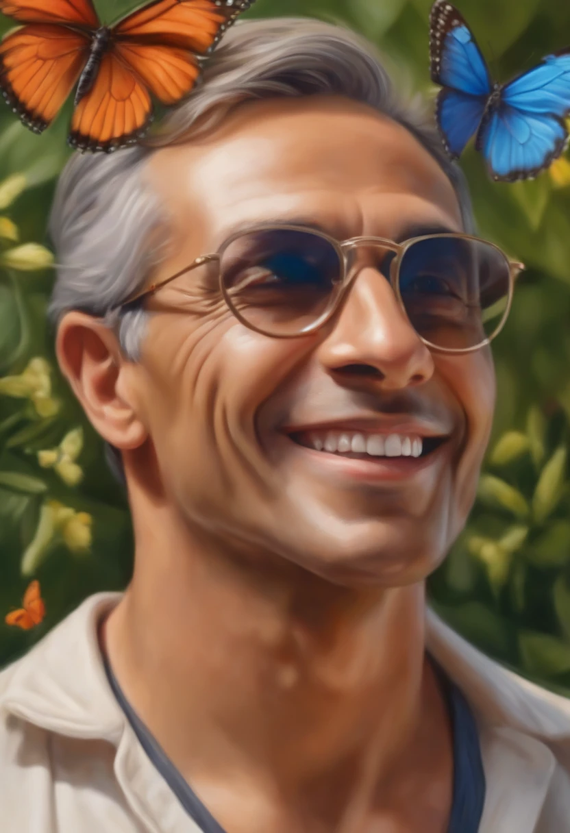 (best quality,4k,8k,highres,masterpiece:1.2),ultra-detailed,(realistic,photorealistic,photo-realistic:1.37),medium:oil painting,40-year-old man,wearing glasses,light brown eyes,machine shaved hair 1mm,Brazilian,with Brazil shirt,vibrant colors,sharp focus,portraits,detailed facial features,confident expression,happy smile,athletic build,standing in a garden,bright sunlight,green grass,beautiful flowers,colorful butterflies,family-friendly environment,uplifting atmosphere,joyful ambiance