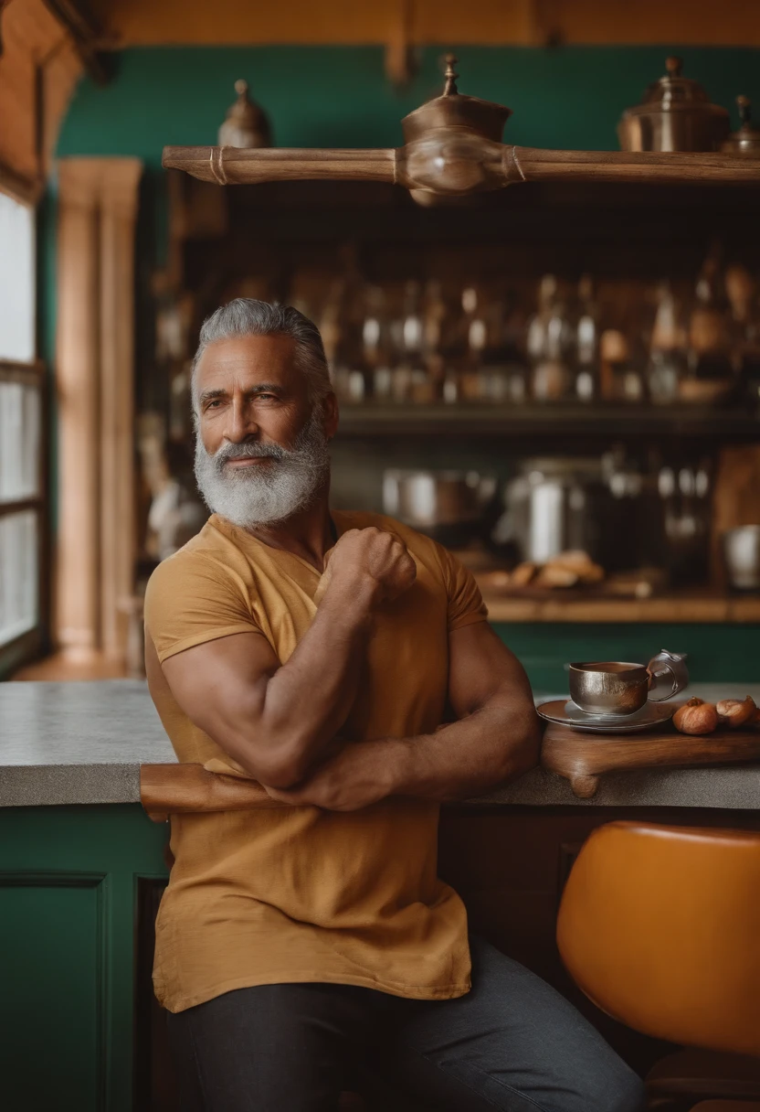 Homem pele branca , com 50 anos , careca , barba