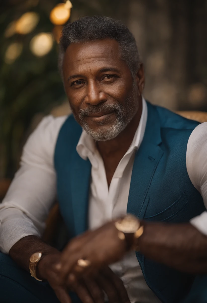Homem pele branca , com 50 anos , careca , barba