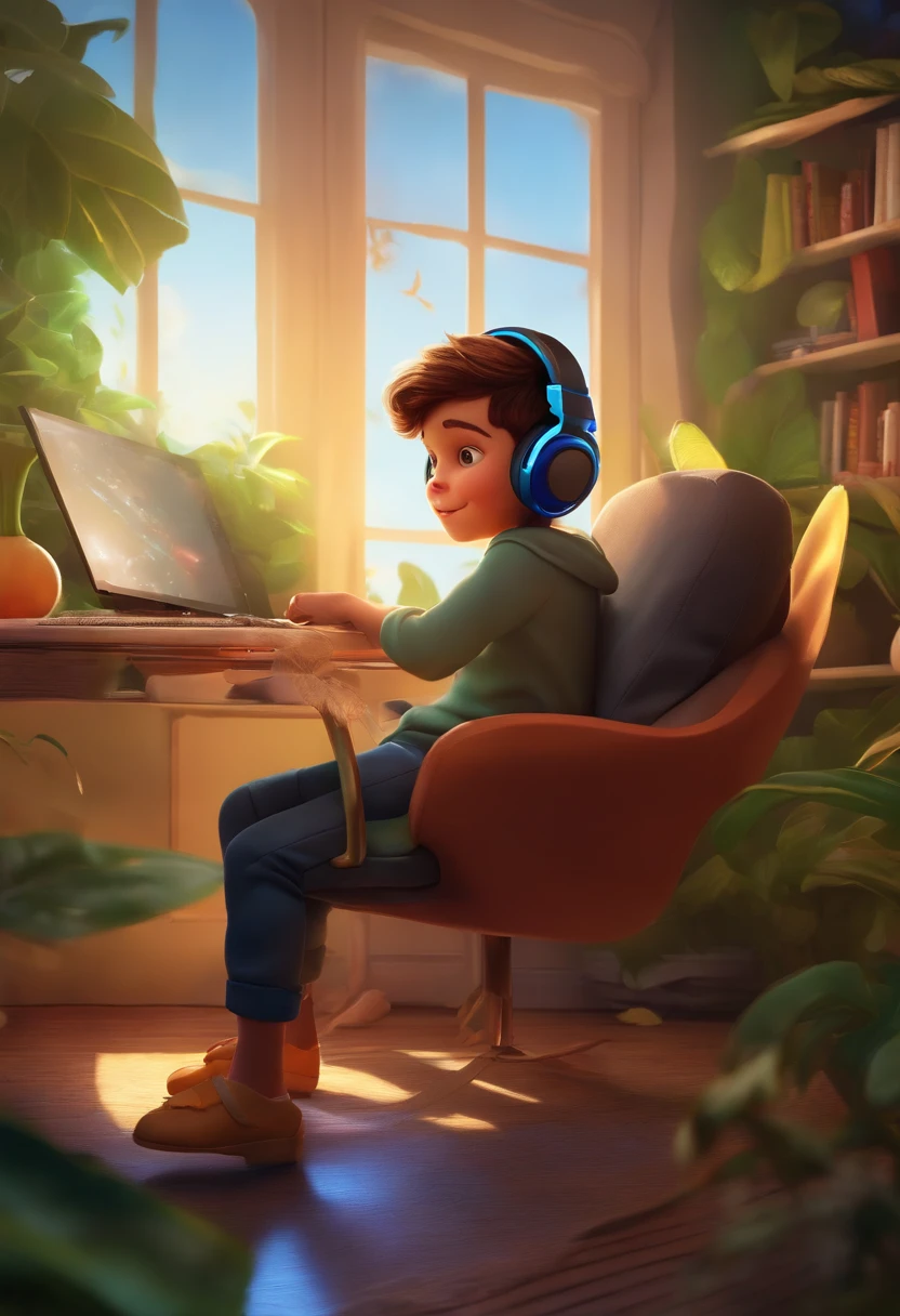 Certainly! Here's a physical description of a 6-year-old boy playing computer games with oversized headphones in a gamer-themed room with RGB LED lights, in the highest Disney Pixar quality: In a world reminiscent of a Disney Pixar film, we find a 6-year-old boy engrossed in the digital realm. His short hair is the color of golden wheat, and his eyes shimmer with excitement as he interacts with the computer screen. Large headphones, resembling those from a Pixar adventure, rest gently over his ears, adding an element of whimsy to his appearance. The room around him is a gamer's dream, bathed in a surreal glow from RGB LED lights that traverse the entire spectrum of colors, transforming his surroundings into a captivating wonderland. As he plays, his expressions mirror the emotions on his computer screen, and every movement exudes the enthusiasm of a young explorer embarking on a thrilling Disney Pixar-style adventure