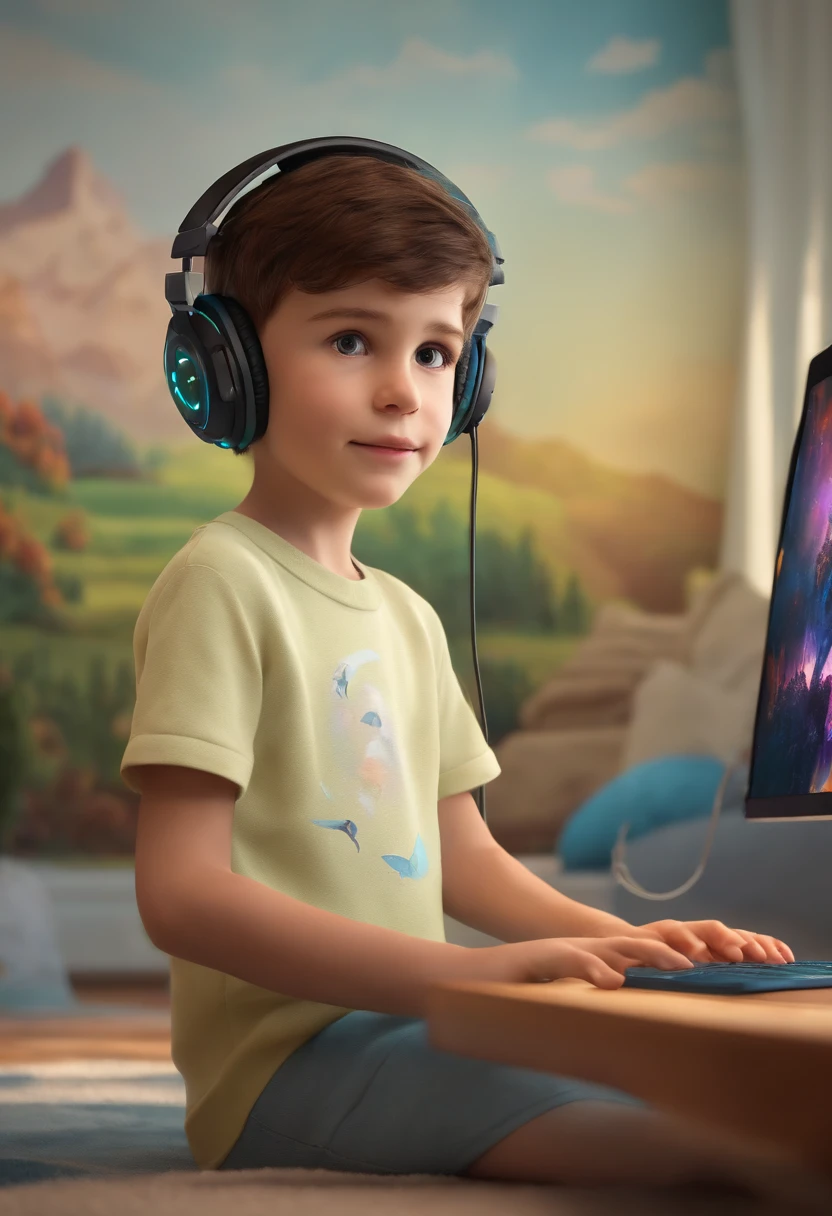 Certainly! Here's a physical description of a 6-year-old boy playing computer games with oversized headphones in a gamer-themed room with RGB LED lights, in the highest Disney Pixar quality: In a world reminiscent of a Disney Pixar film, we find a 6-year-old boy engrossed in the digital realm. His short hair is the color of golden wheat, and his eyes shimmer with excitement as he interacts with the computer screen. Large headphones, resembling those from a Pixar adventure, rest gently over his ears, adding an element of whimsy to his appearance. The room around him is a gamer's dream, bathed in a surreal glow from RGB LED lights that traverse the entire spectrum of colors, transforming his surroundings into a captivating wonderland. As he plays, his expressions mirror the emotions on his computer screen, and every movement exudes the enthusiasm of a young explorer embarking on a thrilling Disney Pixar-style adventure