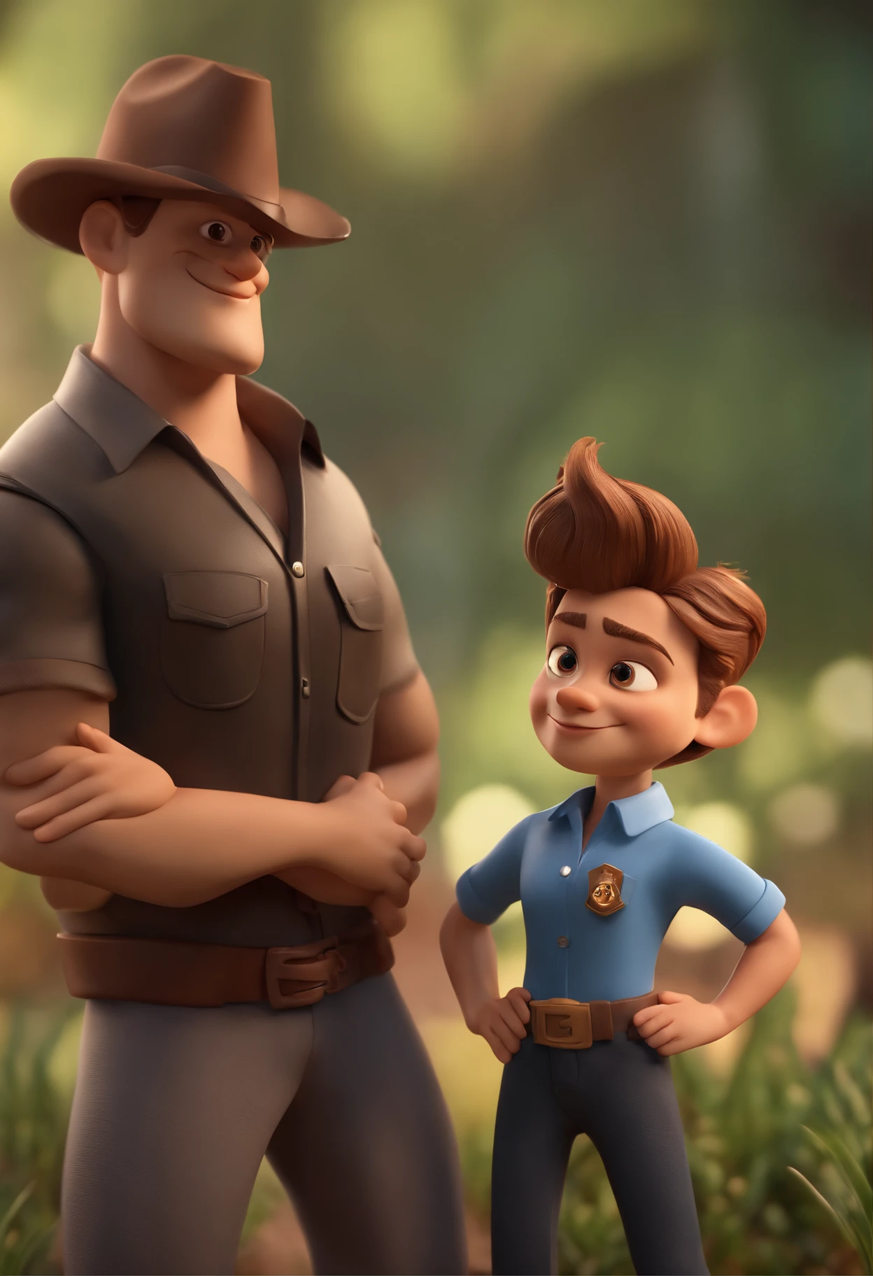 personagem de desenho animado de um homem com barba castanha e cabelo curto com topete, a black shirt wearing a badge written Kcomk productions animated character, Caractere estilizado, animation style rendering, 3D estilizado, Arnold Maya render, 3 d render stylized, toon render keyshot, Personagem 3D, Personagem 3D, 3d rendering stylized, 3 d character render, personagem de desenho animado, Personagem de close up, Pose de personagem,  (Estilo Pixar) (master part:1.2) (Bokeh) (best quality) (pele detalhada) (textura detalhada) (8k) (argila) (Cinematic lighting) (foco nítido