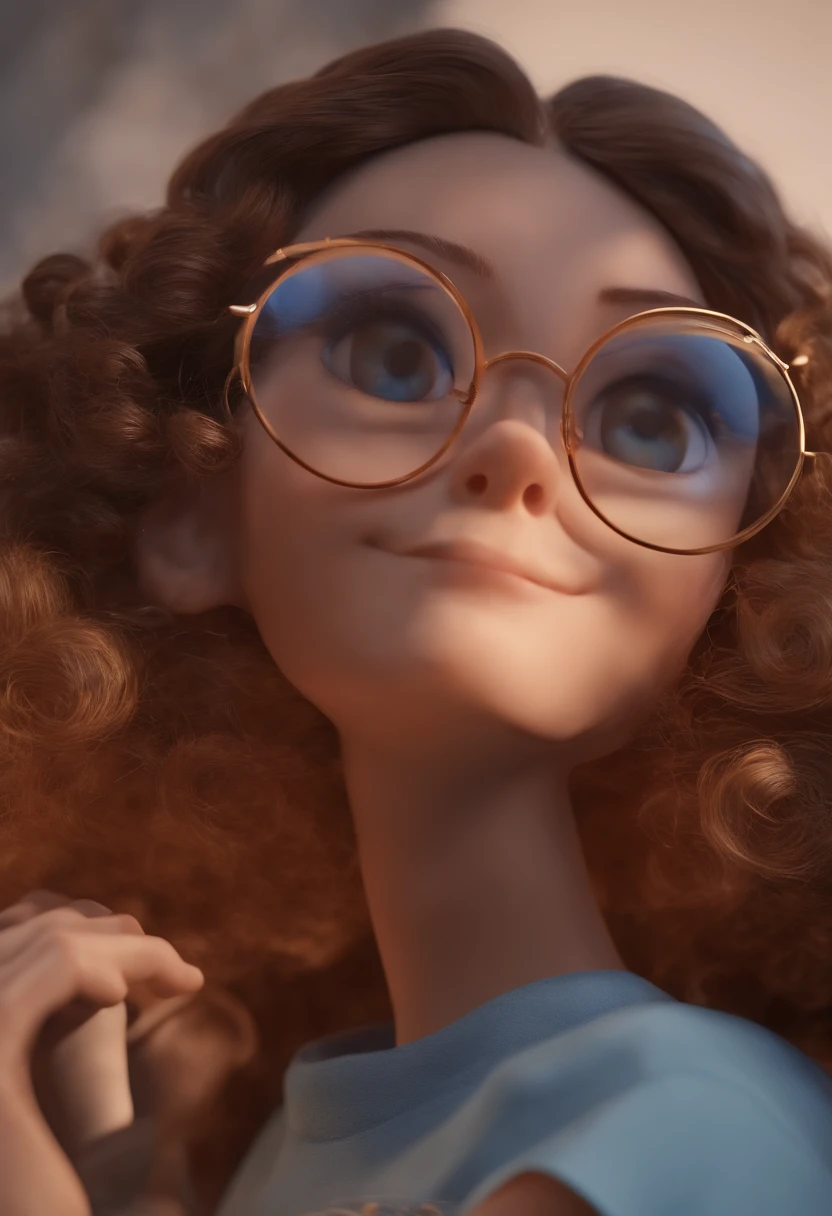Personagem de desenho animado de um adolescente de 17 anos de olhos azuis, cabelos crespos e castanhos curtos, wearing glasses and a blue shirt, um personagem animado, Caractere estilizado, animation style rendering, 3D estilizado, 3 d render stylized, toon render keyshot, Personagem 3D, Personagem 3D, 3d rendering stylized, 3 d character render, personagem de desenho animado, Personagem de close up, Pose de personagem, (Estilo Pixar) (master part:1.2) (Bokeh) (best quality) (pele detalhada) (textura detalhada) (8k) (argila) (Cinematic lighting) (foco nítido，Senta e vaza a parte superior do corpo
