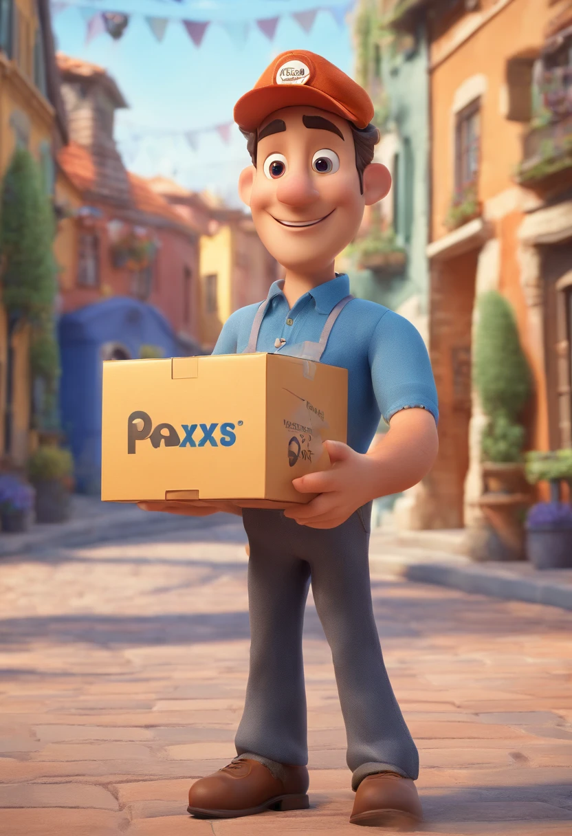 Estilo Pixar: an adult postman from Brazil is holding in his left hand a box for delivery and in his right hand he is showing a badge written CDD Patos ,3D Poster,Disney