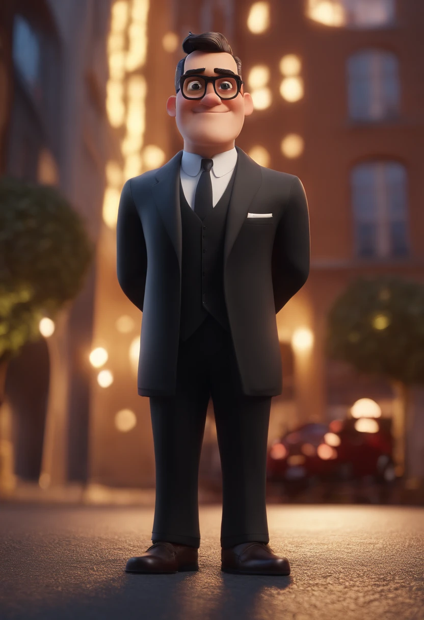 Cartoon character of a man wearing black glasses and a black suit and black hair, um personagem animado, Caractere estilizado, animation style rendering, 3D estilizado, Arnold Maya render, 3 d render stylized, toon render keyshot, Personagem 3D, Personagem 3D, 3d rendering stylized, 3 d character render, personagem de desenho animado, Personagem de close up, Pose de personagem, (Estilo Pixar) (master part:1.2) (Bokeh) (best quality) (pele detalhada) (textura detalhada) (8k) (argila) (Cinematic lighting) (foco nítido,Senta e vaza a parte superior do corpo