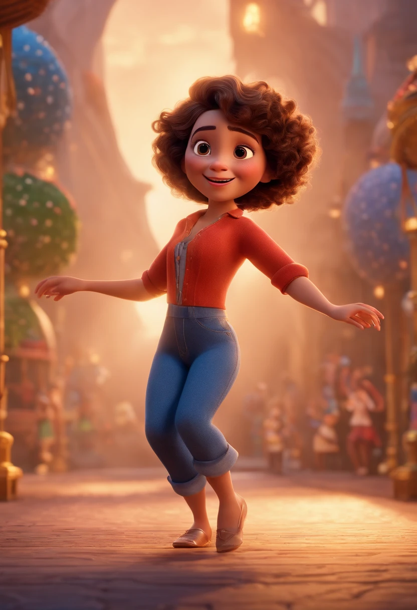 Pixar style image with 3D character white glasses brunette woman short curly hair dancing, Maquiagem Disney,Pescador, bonitinho, sorridente ,Close-up, Pixar, Disney, Cinema lighting,