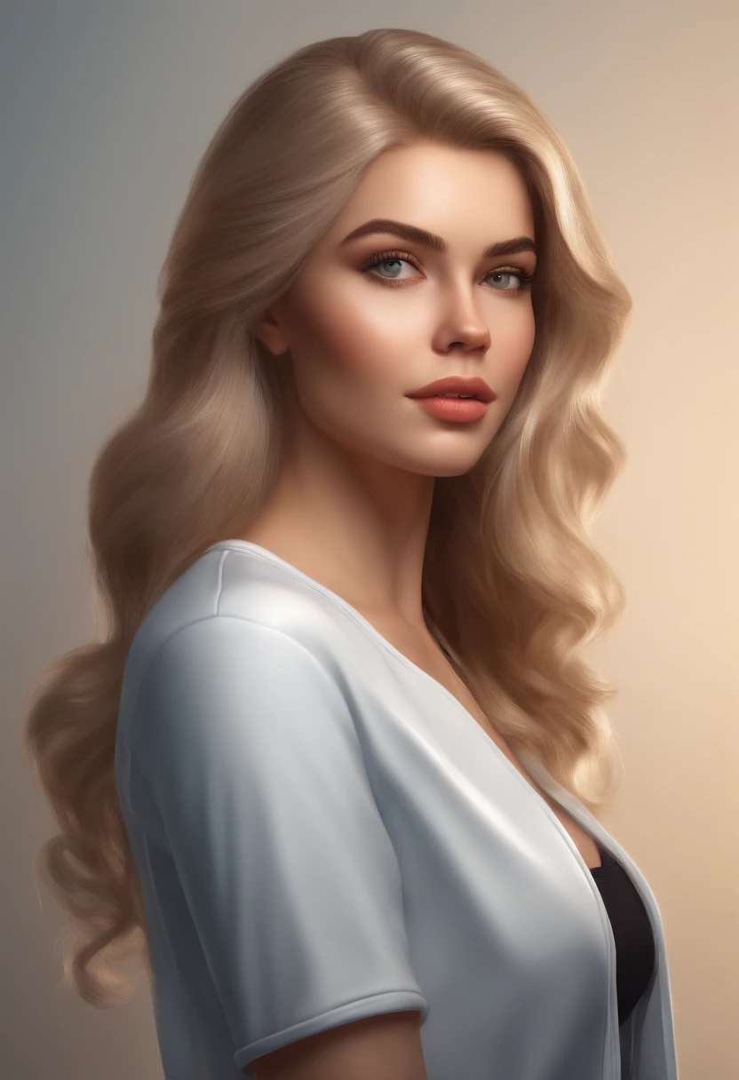 (best quality,ultra-detailed,highres:1.2), realistic, cartoon-style, white female, around 20 years old, straight hair, wearing tight clothes, full-body, beautiful, solid color background, ultra-sharp focus, photo-realistic