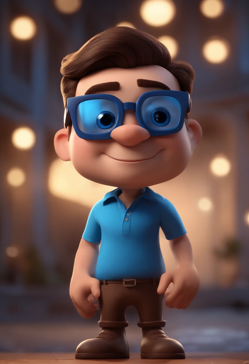 Cartoon character of a man with black glasses and a blue shirt, animation character, Caractere estilizado, animation style rendering, 3D estilizado, Arnold Maya render, 3 d render stylized, toon render keyshot, Personagem 3D, Personagem 3D, 3d rendering stylized, 3 d character render, personagem de desenho animado, Personagem de close up, Pose de personagem,  (Estilo Pixar) (master part:1.2) (Bokeh) (best quality) (pele detalhada) (textura detalhada) (8k) (argila) (Cinematic lighting) (foco nítido