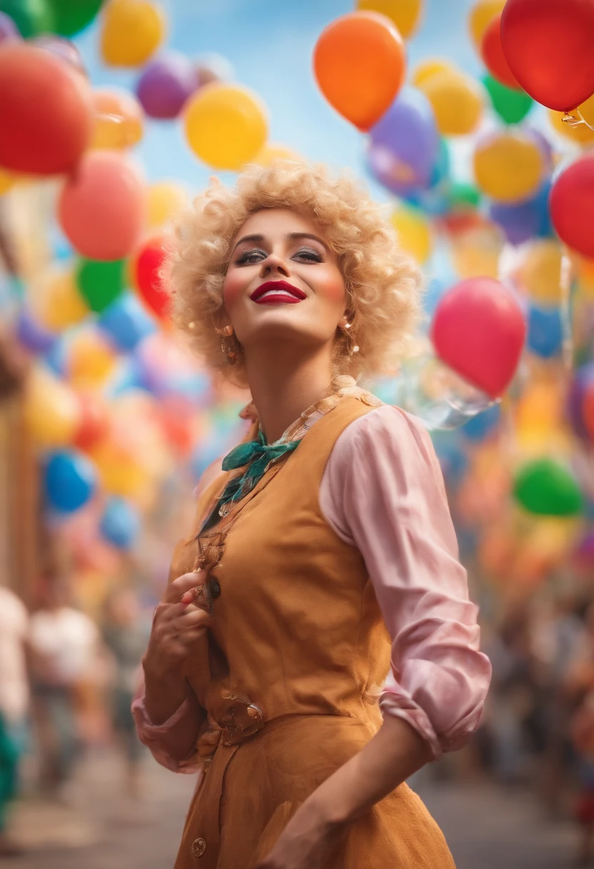 Disheveled blonde clown, fazendo uma enorme bolha de savao, inspired by Pixar animation, The character takes center stage with captivating facial expressions, oferecendo um toque de irrealidade. Various soap bubbles flying next to the colorful balloons in the sky